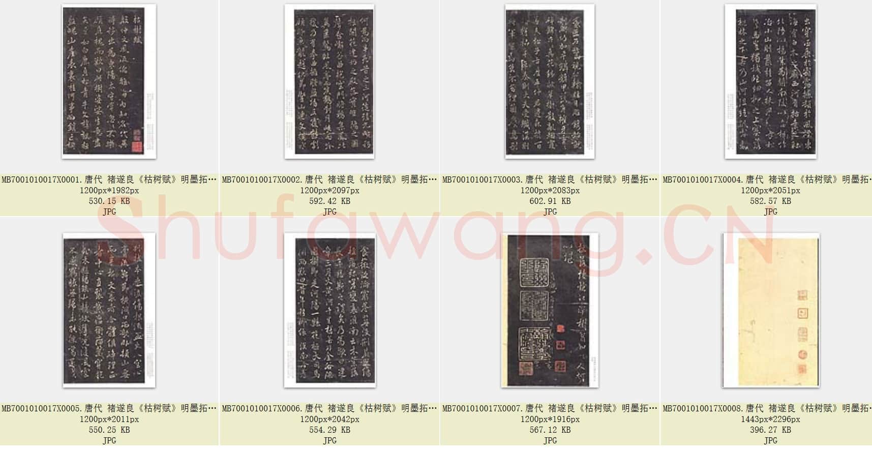 唐代 褚遂良《枯树赋》墨拓 明拓本 册 行书 26.2×15.1 日本三井纪念美术馆藏 共8页