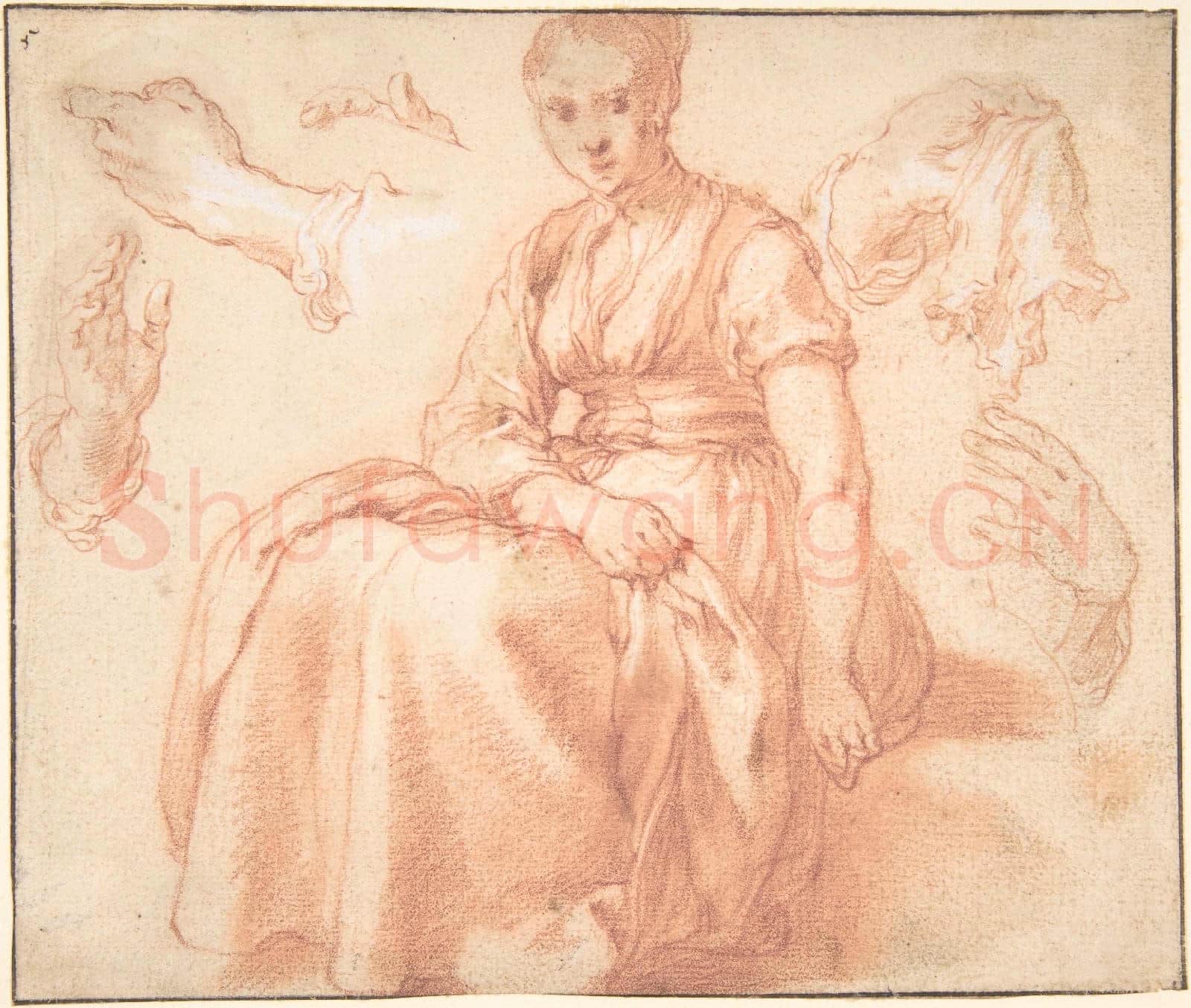 Abraham Bloemaert-Study of a Seated Woman and Five Studies of Hands.tif