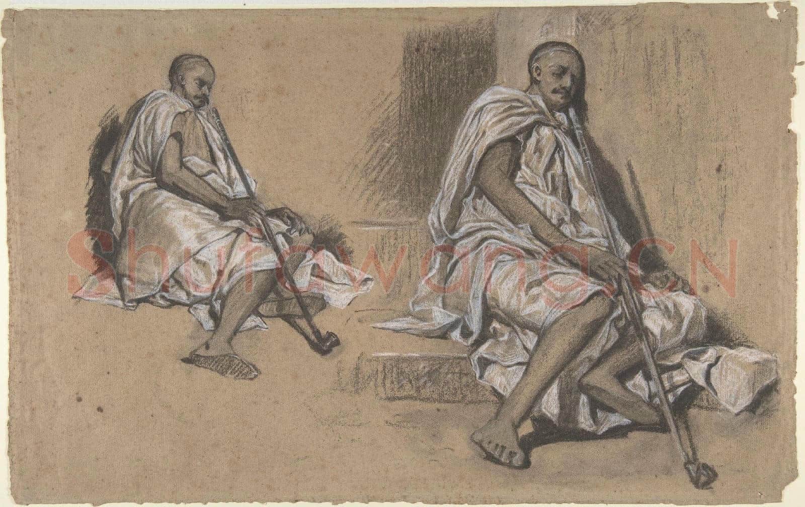 Alexandre-Gabriel Decamps-Two Studies of a Seated Arab with a Pipe.tif