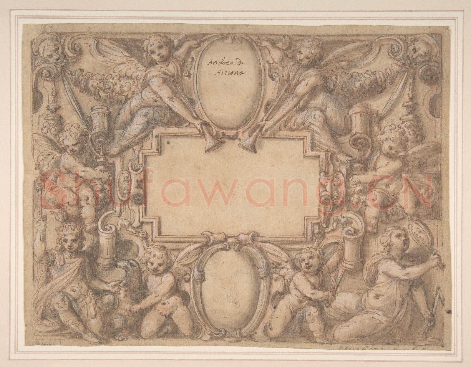 Andrea Lilio-A Cartouche and Two Shields Surrounded by Allegorical Figures.tif