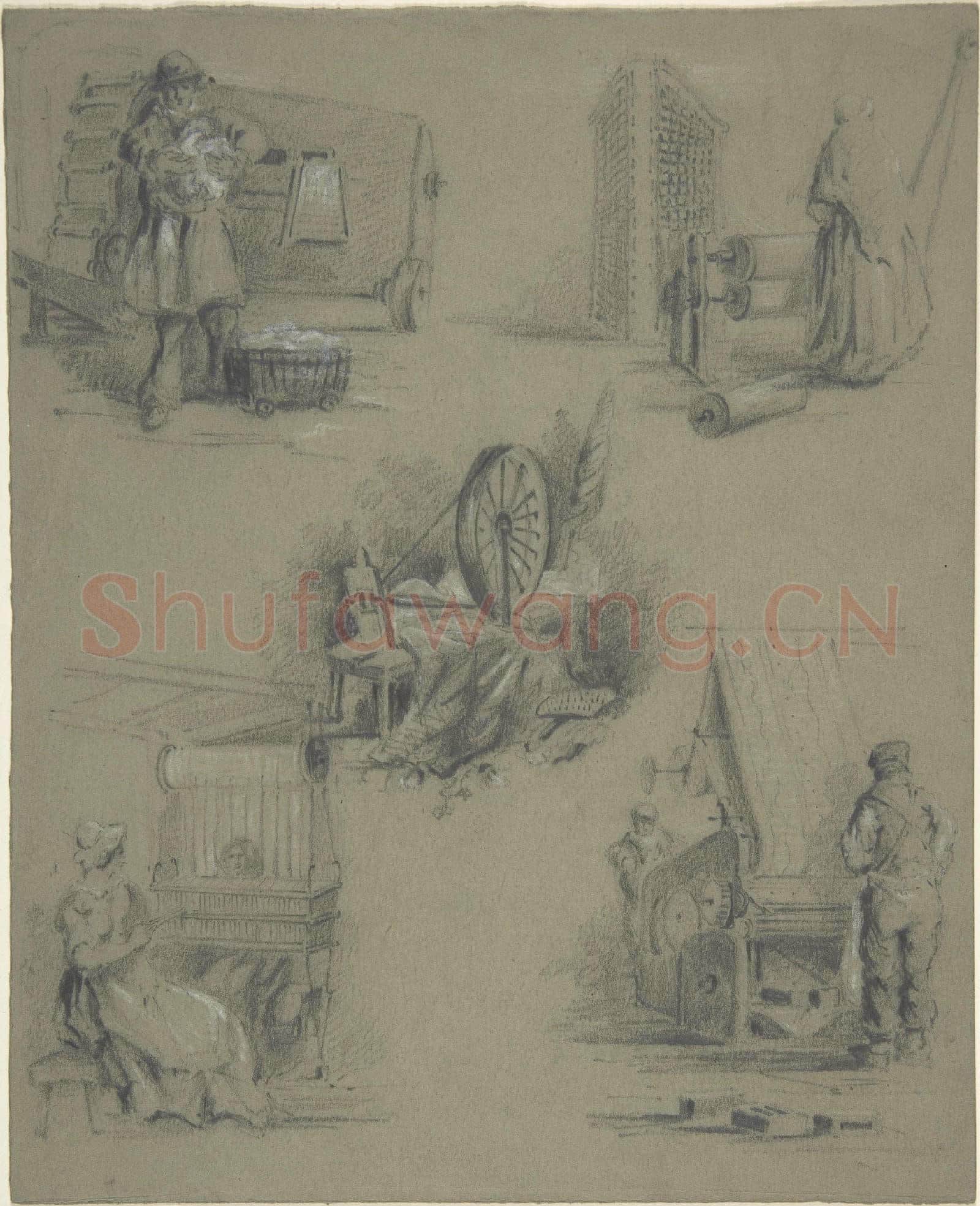 Anonymous-Five drawings showing processes of weaving and spinning.tif