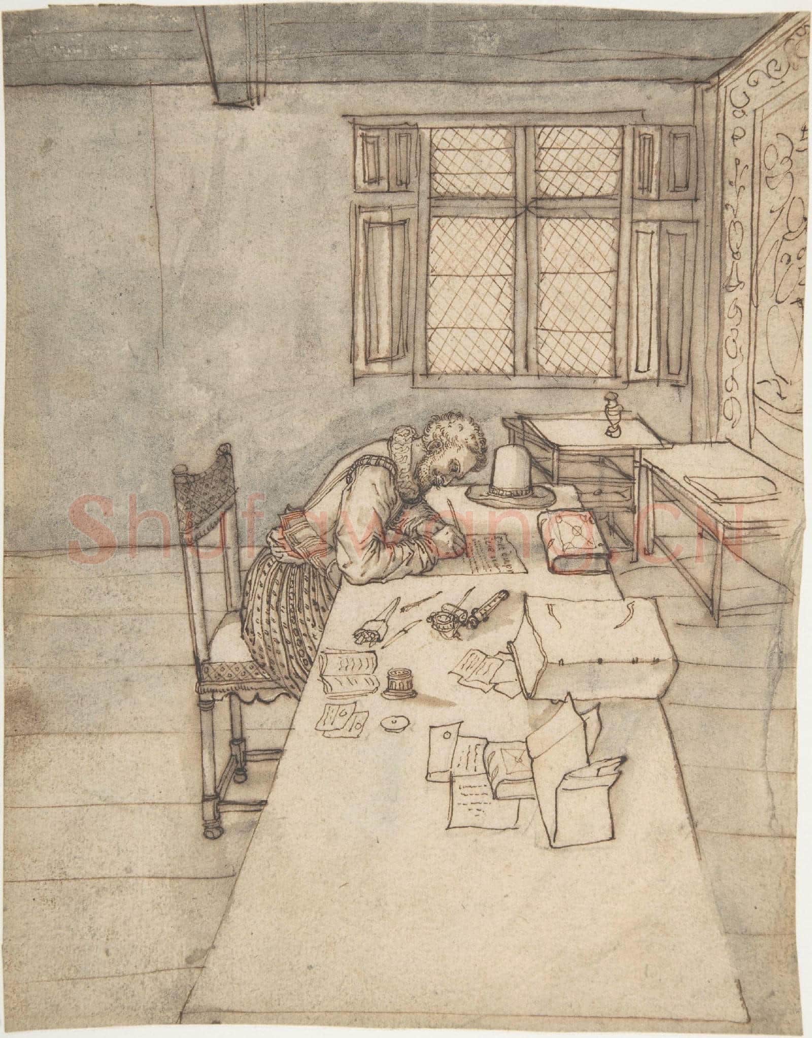 Anonymous-Interior with a Man Writing on a Long Table.tif