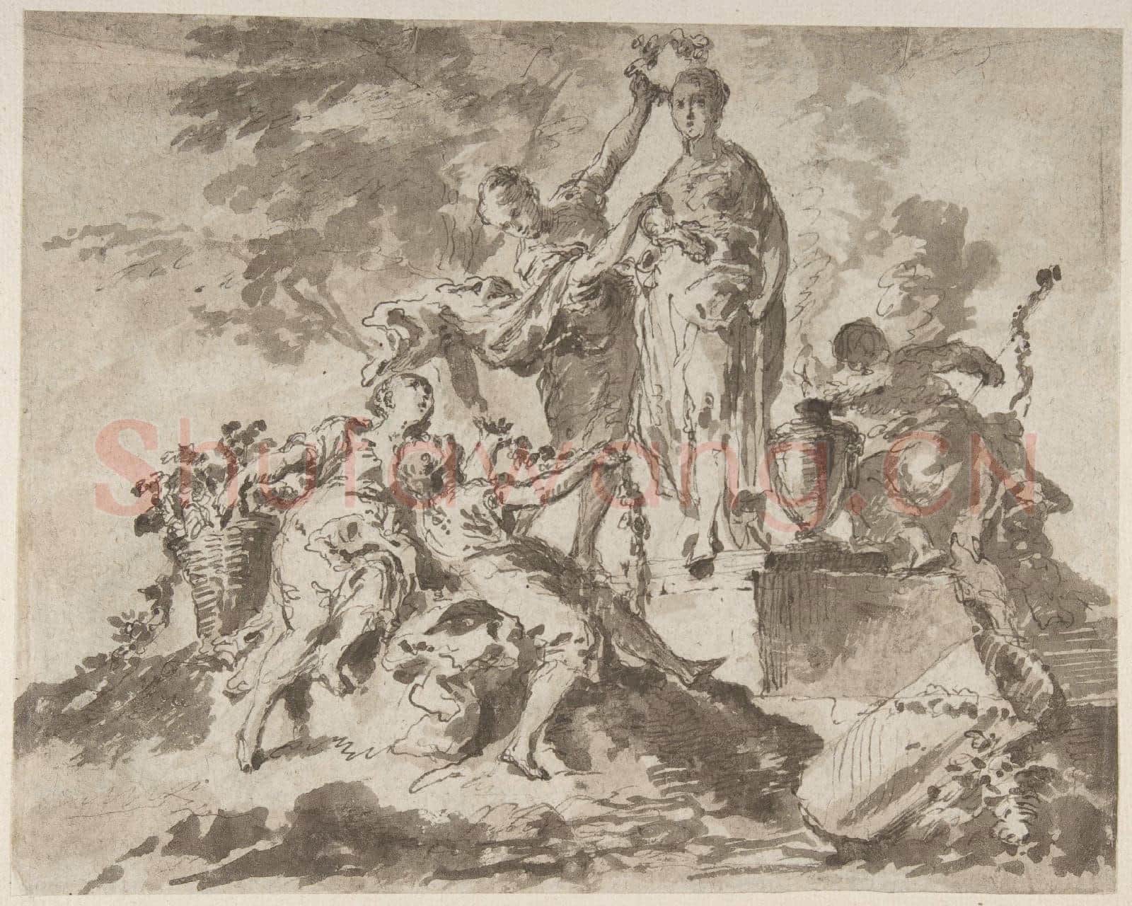 Anonymous-Nymphs Adorning the Statue of a Goddess(recto)River God with Three Nymphs(verso).tif