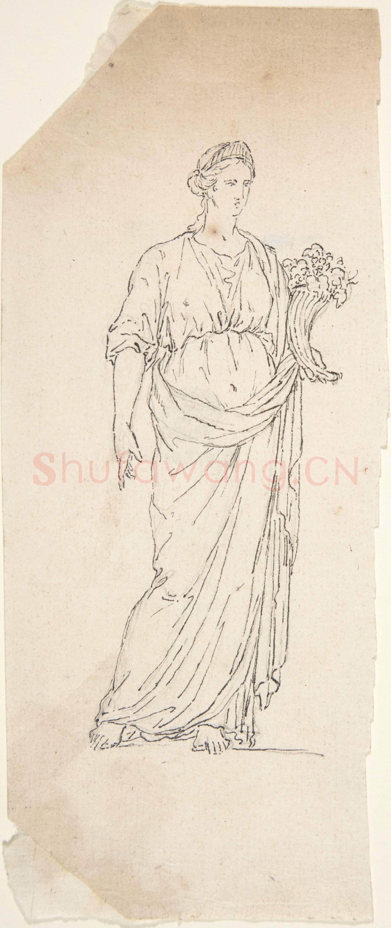 Anonymous, French-Drawing of Female Statue with Cornucopia.tif