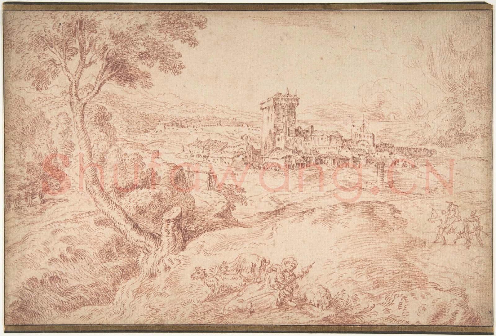 Antoine Watteau-Landscape with an Old Woman Holding a Spindle, after Domenico Campagnola.tif