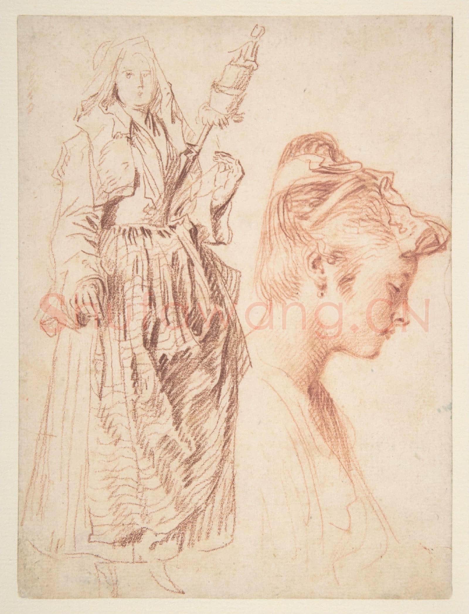 Antoine Watteau-Standing Woman Holding a Spindle, and Head of a Woman in Profile to Right.tif