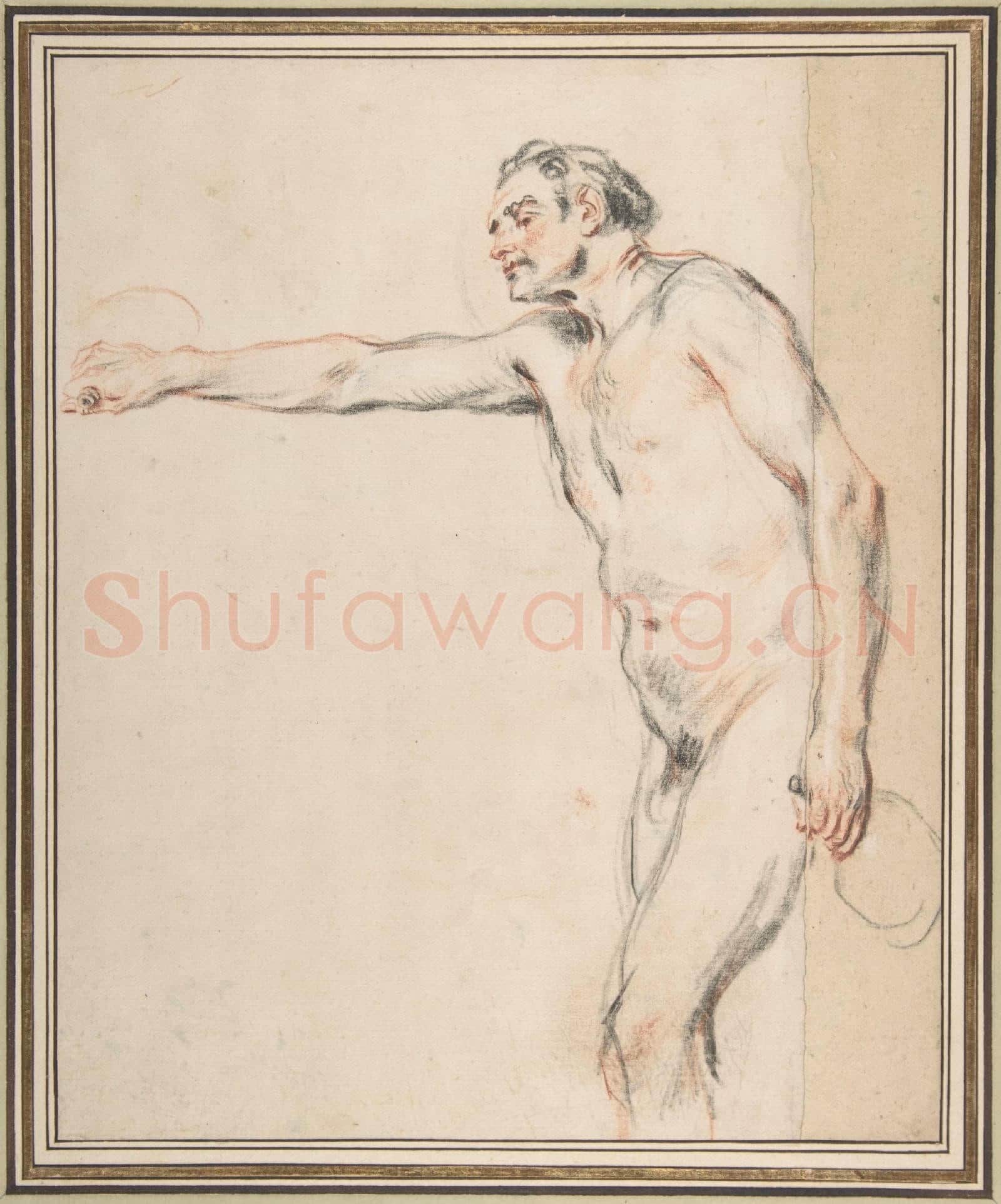 Antoine Watteau-Study of a Nude Man Holding Bottles.tif