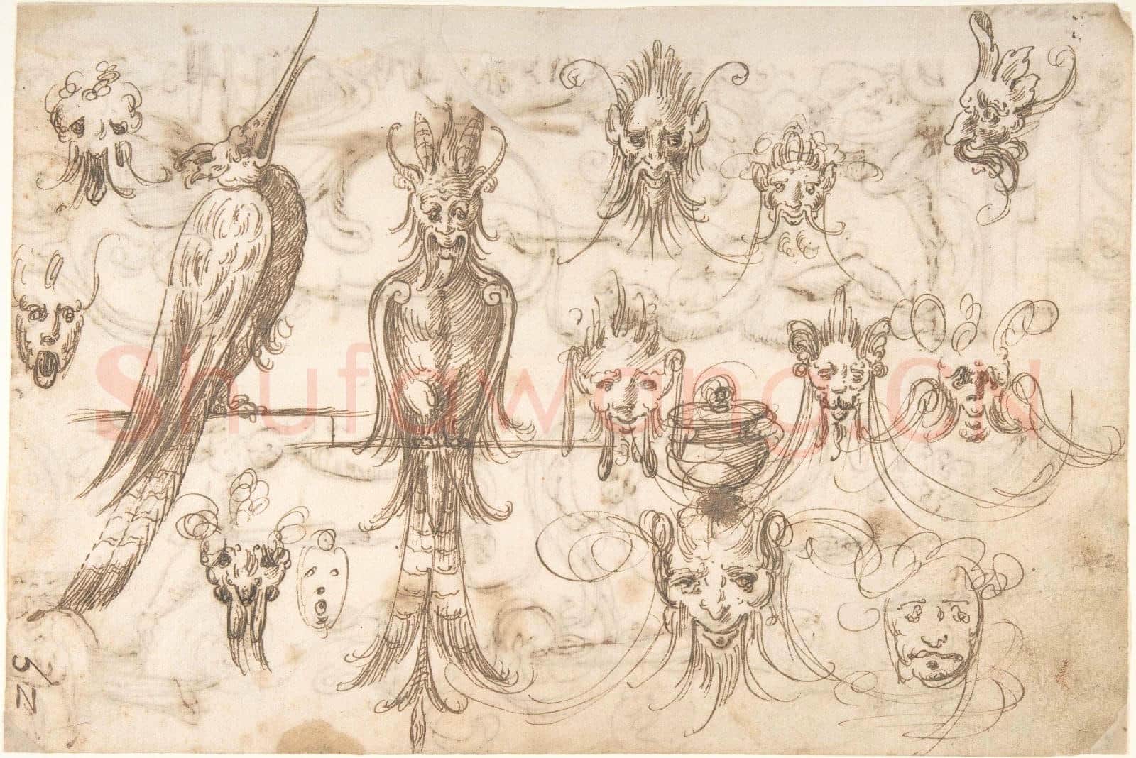 attributed to Andrés de Melgar-Grotesque Masks and Birds(recto)Vertical Grotesques.tif