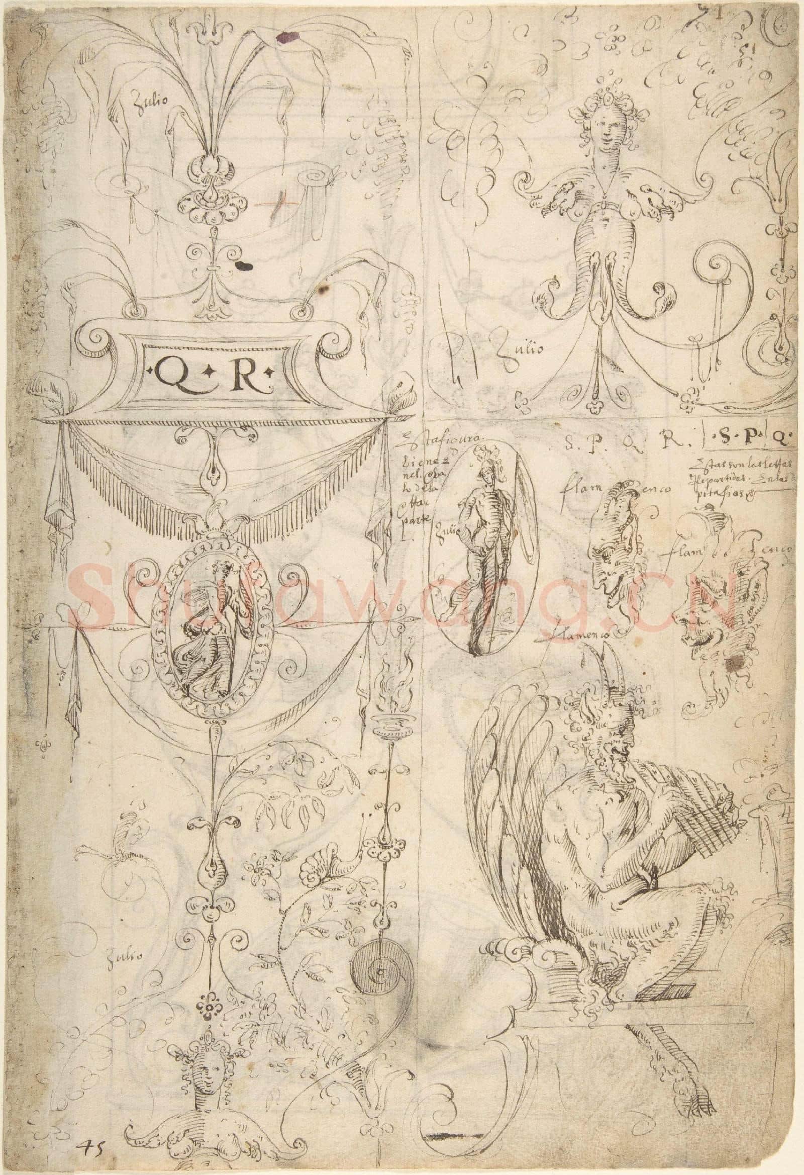 attributed to Andrés de Melgar-Grotesques, with Q.R. in Cartouche at Left, S.P.Q.R. at Right.tif