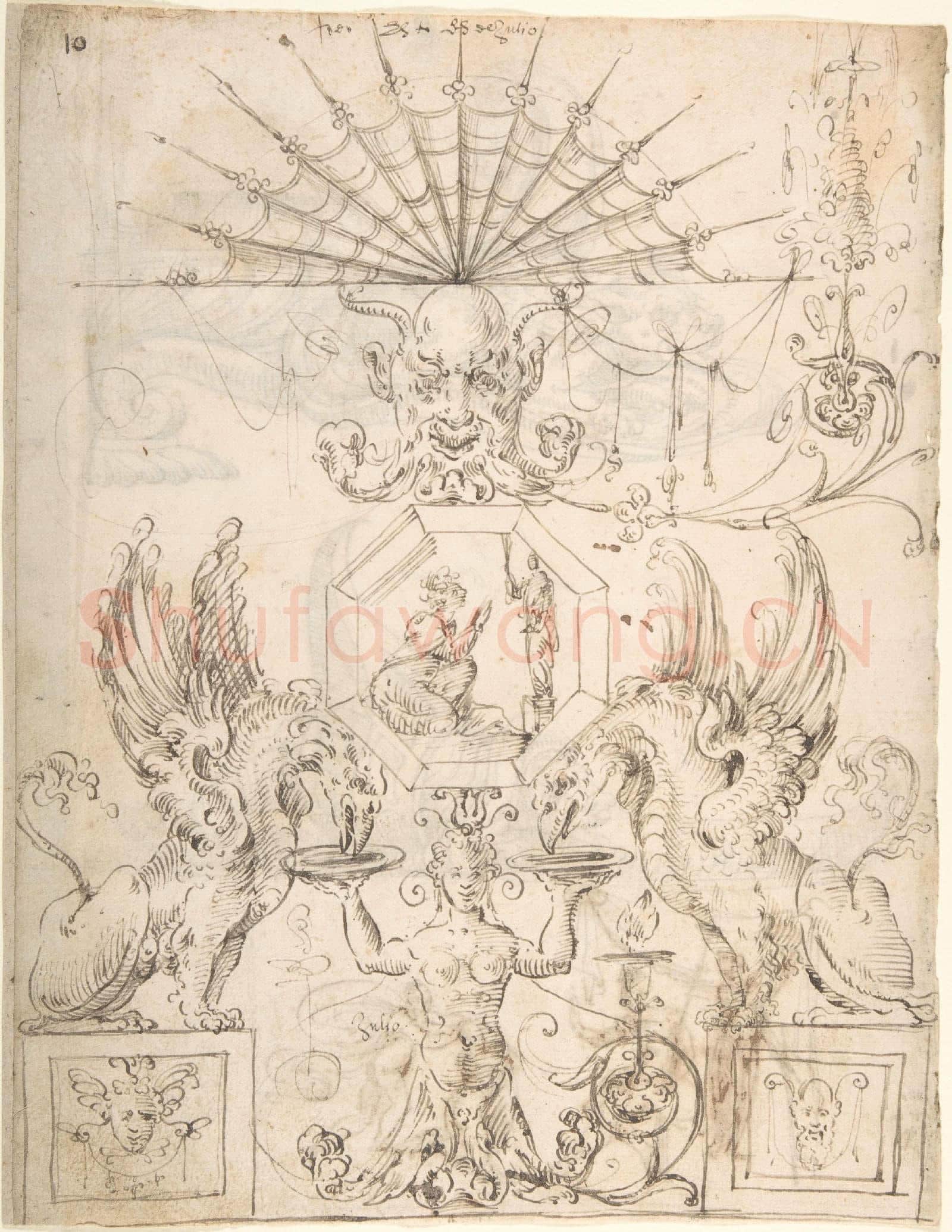 attributed to Andrés de Melgar-Grotesque with Satyr Head and Fan Above Octagonal.tif