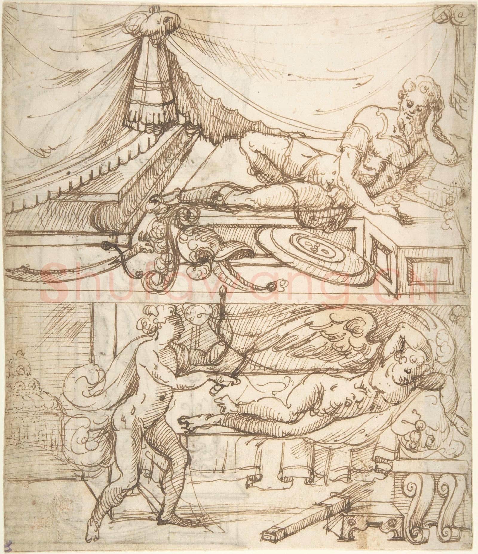 attributed to Andrés de Melgar-Warrior Reclining, Over Reclining Cupid in Interior.tif