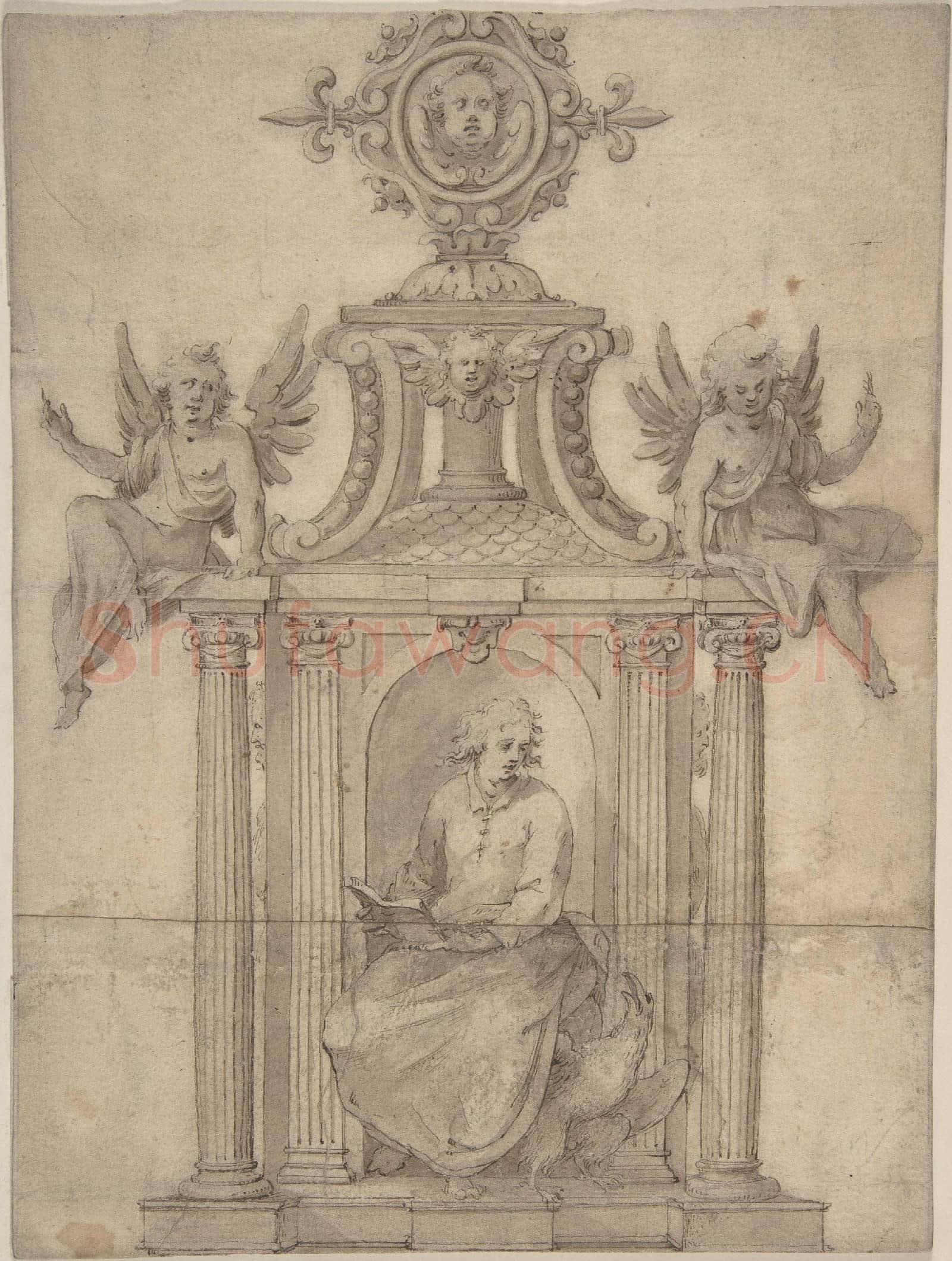 Attributed to Anonymous-Ornamental Drawing, with St. John the Evangelist Seated.tif
