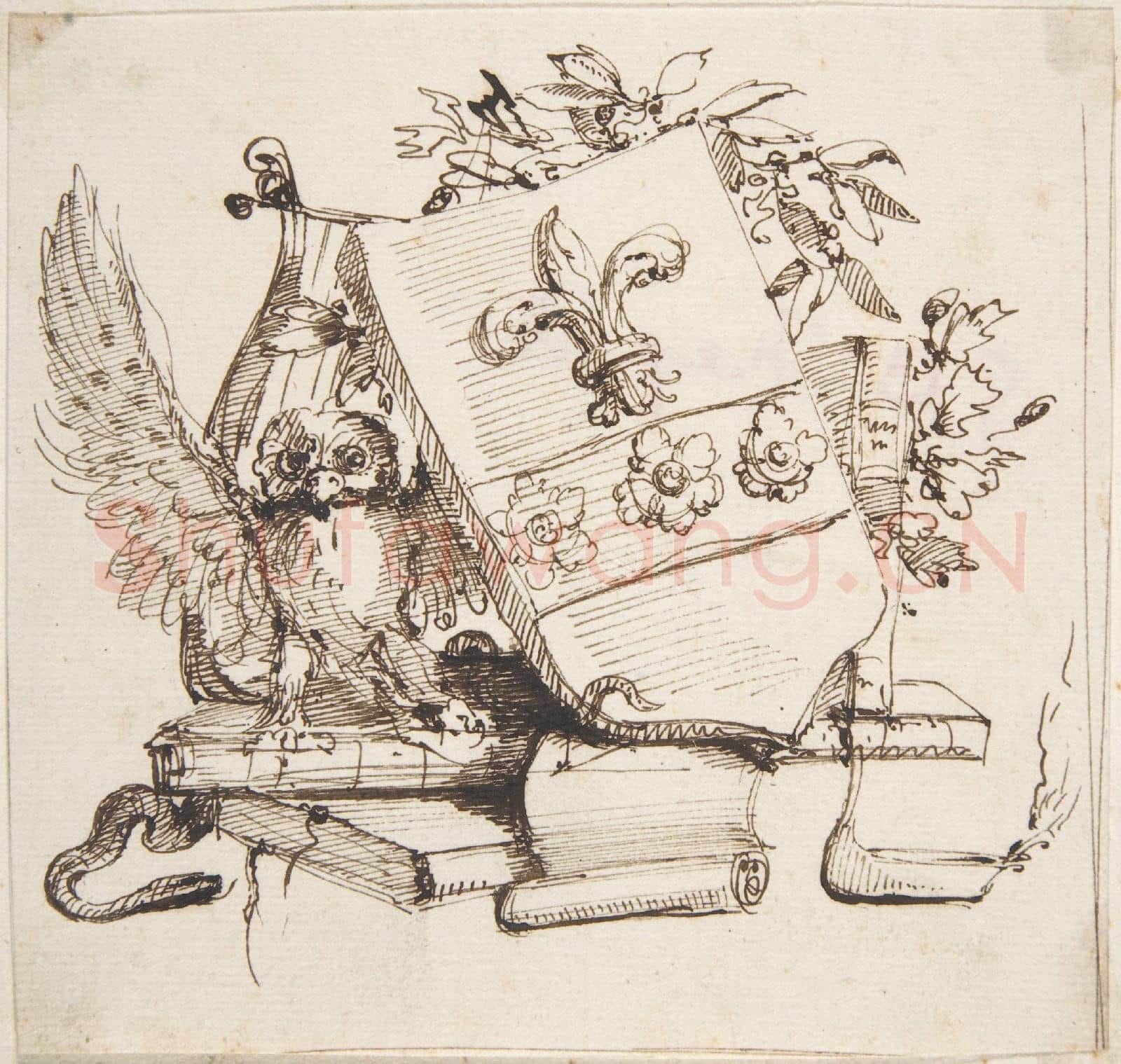 Attributed to Carlo Bianconi-Drawing of a Decorated Coat of Arms surrounded by Books.tif
