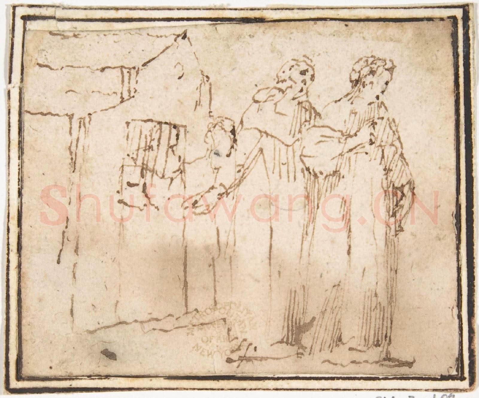 attributed to Francesco Allegrini-Two Monastic Figures Standing before a Church.tif