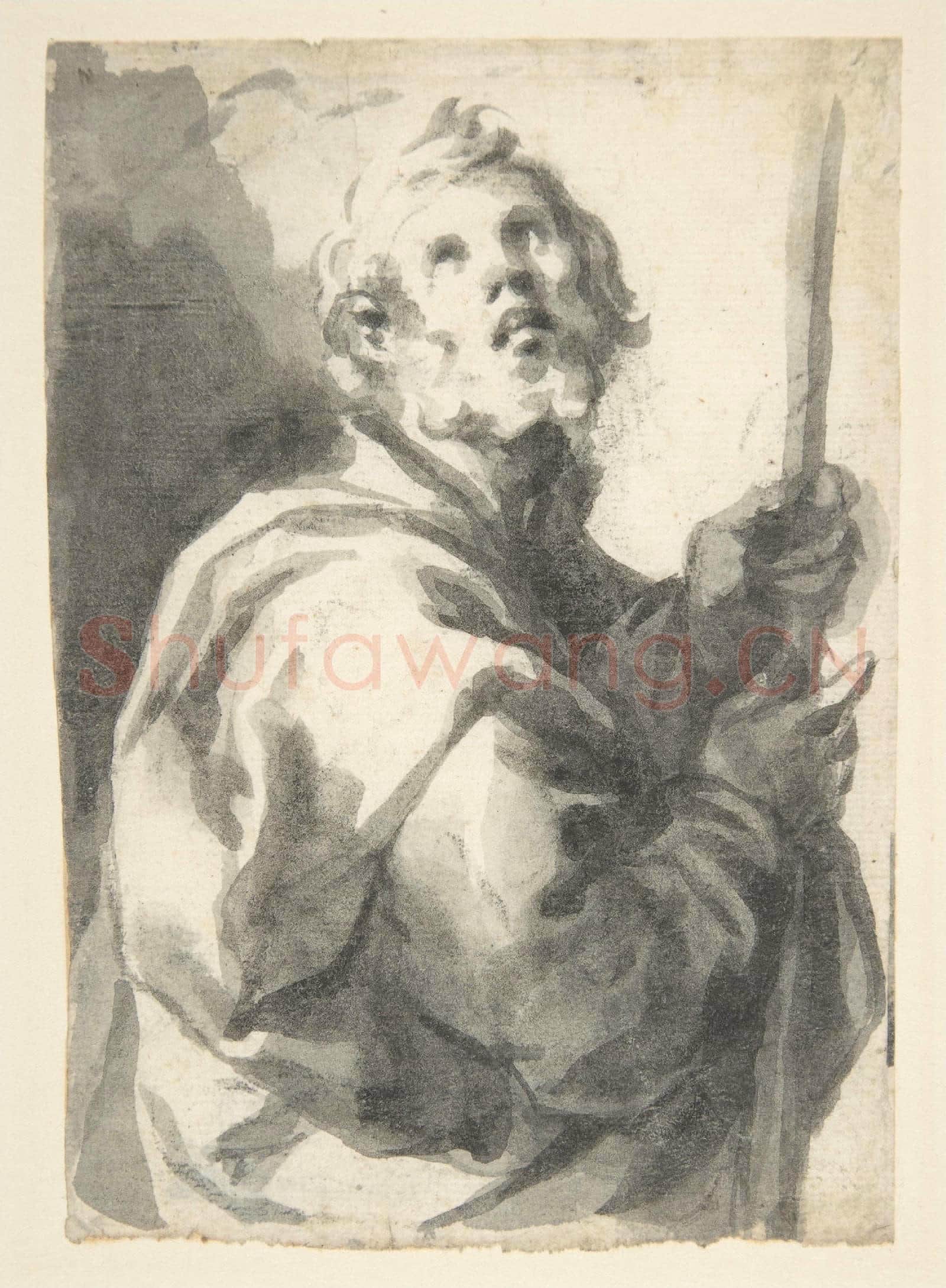 Attributed to Francisco Herrera-Male Saint with Staff, Half-Figure.tif