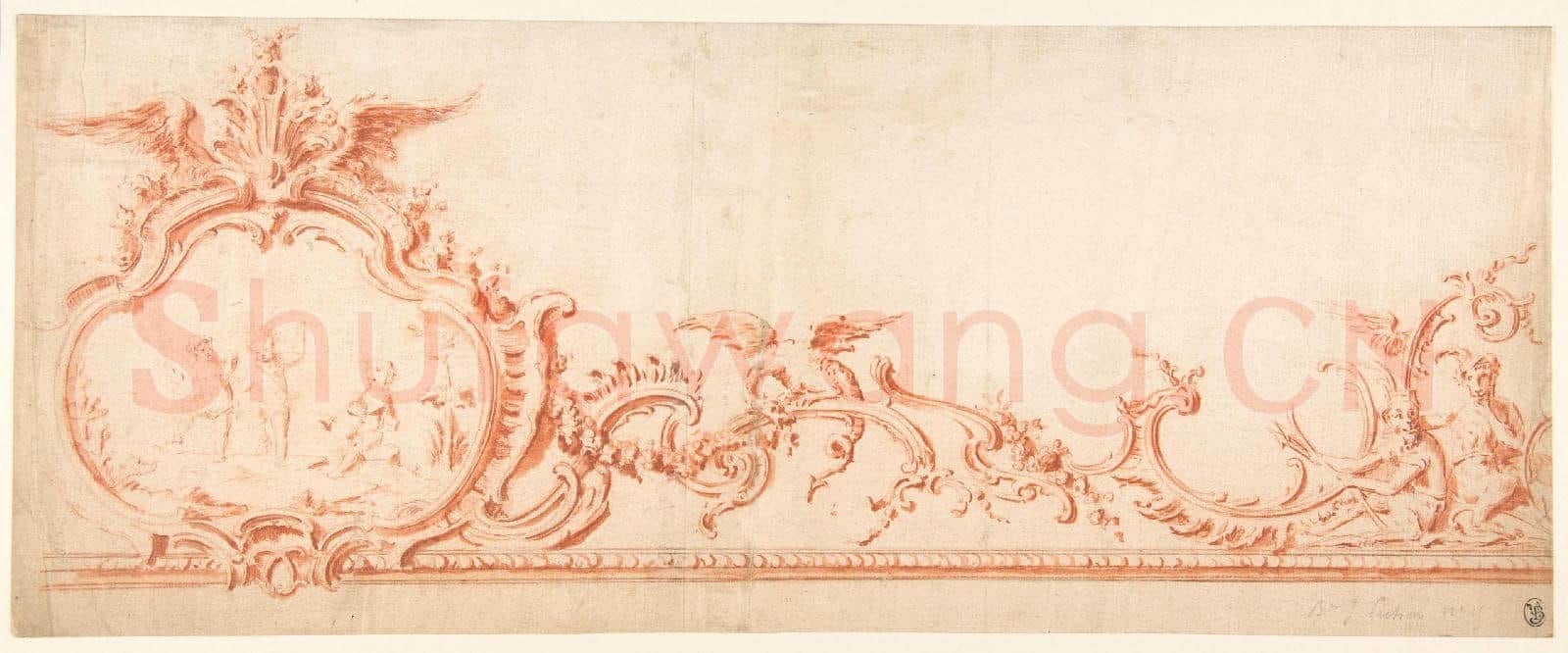 Attributed to Gilles-Marie Oppenord-Ornament Drawing with Cartouche, Putti, and Monkeys.tif