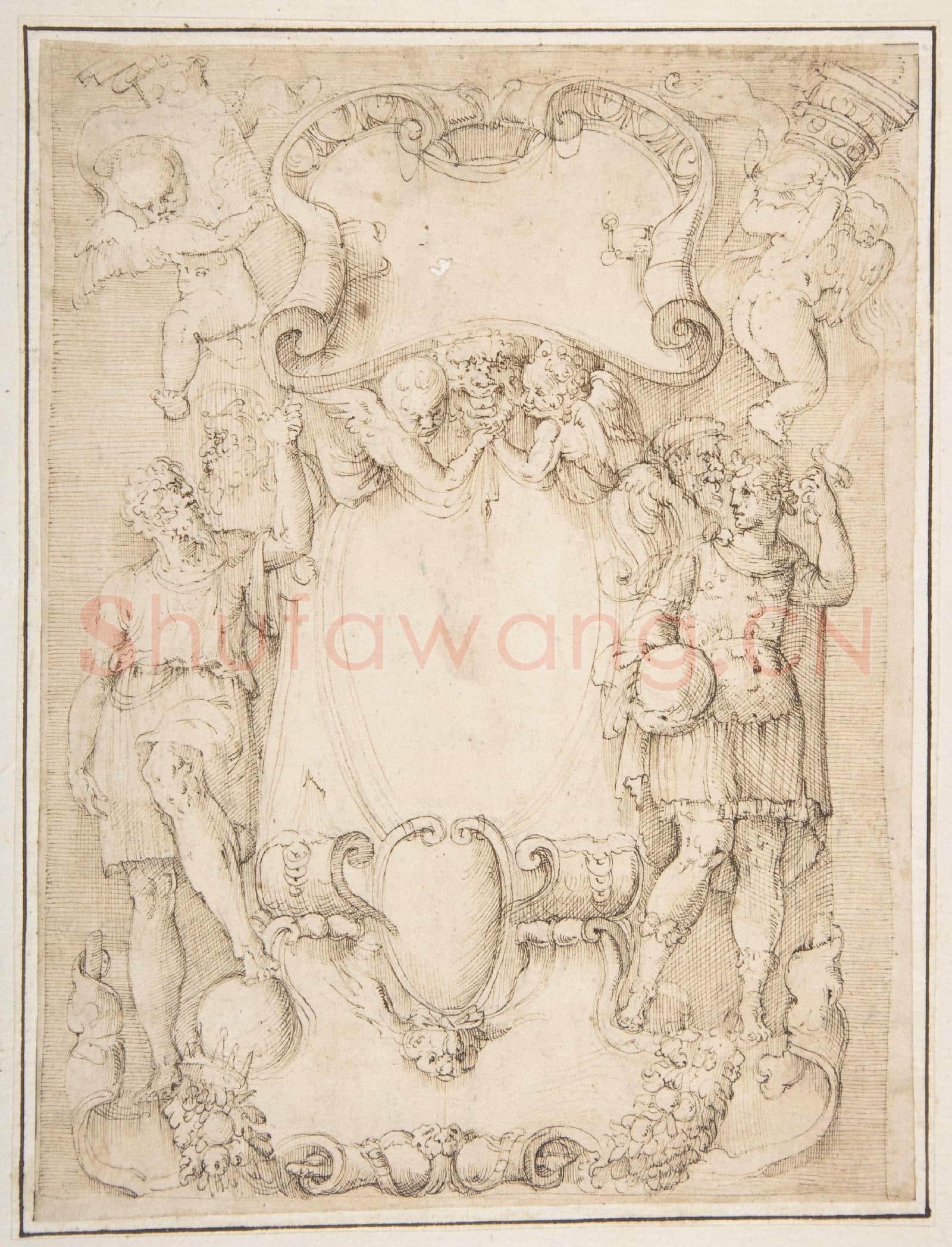 Battista Franco-Drawing of Cartouche with Bearded Man Left, Young man crowned.tif