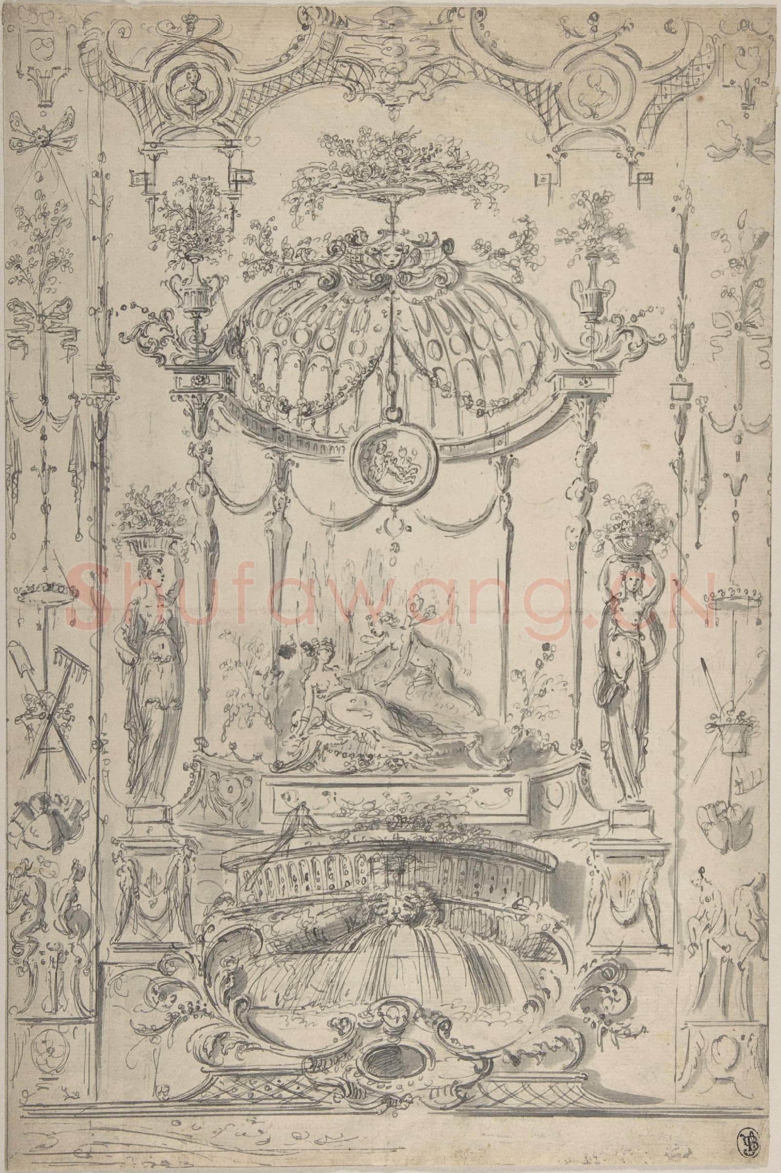 Circle of Claude Gillot-Design for an Arabesque with Cupid and Psyche.tif