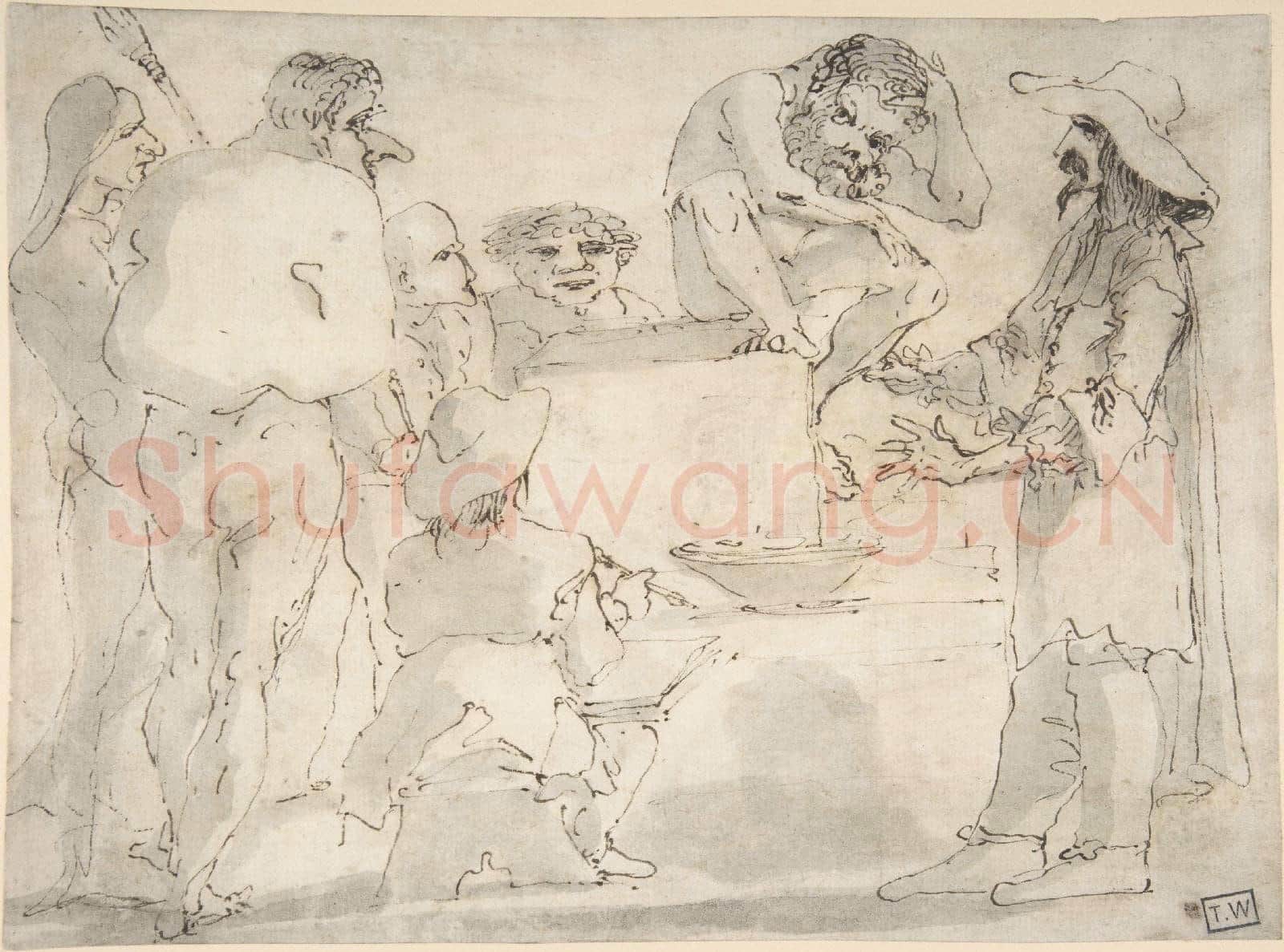 Circle of Guercino-Group of Caricatured Figures with an Artist Drawing.tif