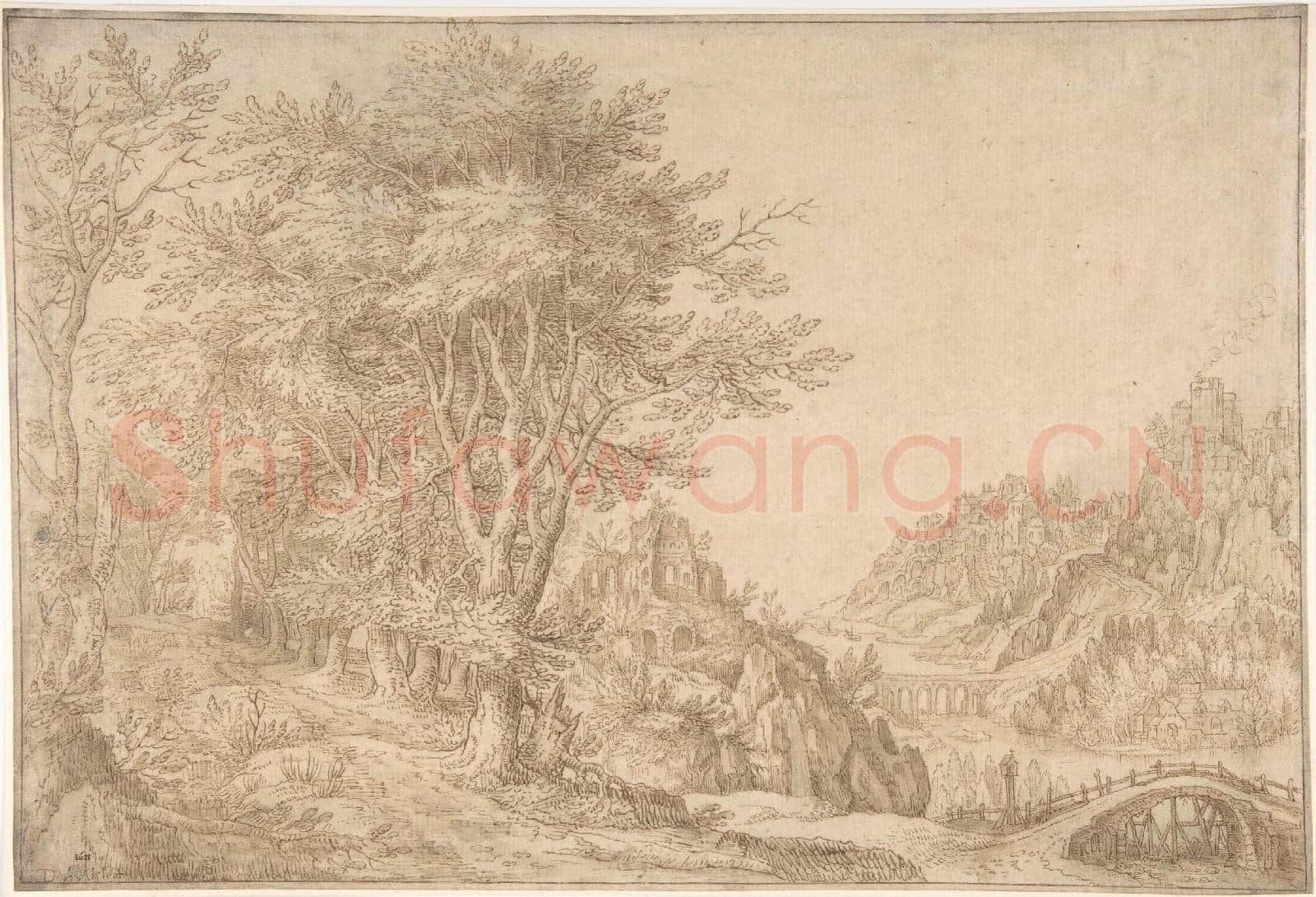 Denis van Alsloot-Wooded Landscape with a River, Castle, and Town Beyond.tif