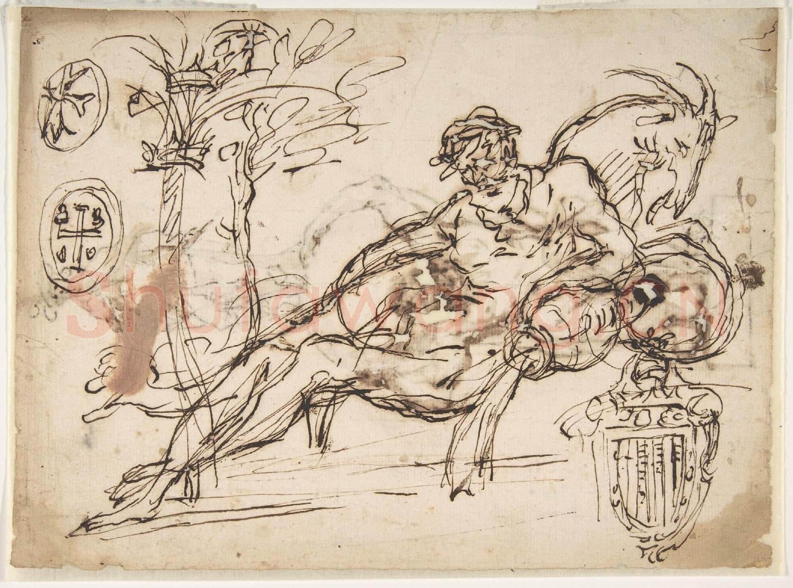 Domenico Gargiulo-Reclining River God, a Goat's Head, and Studies.tif