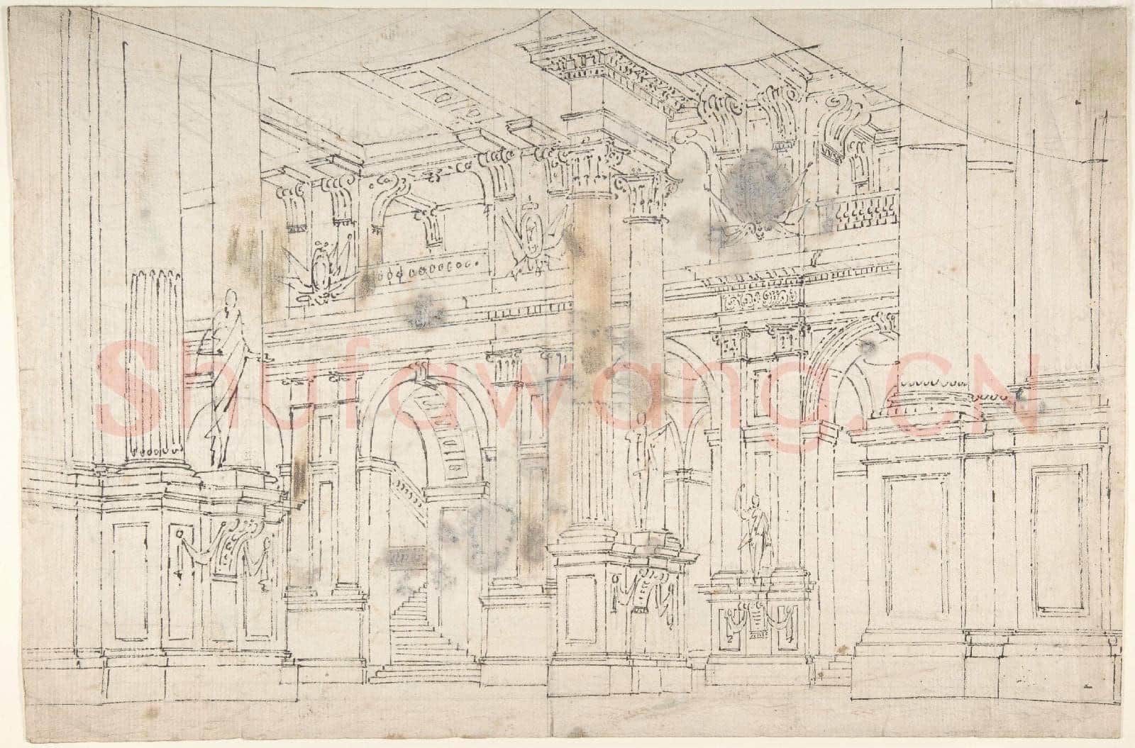 Fabrizio Galliari-Outline Drawing Stage Set Design for a Performance.tif