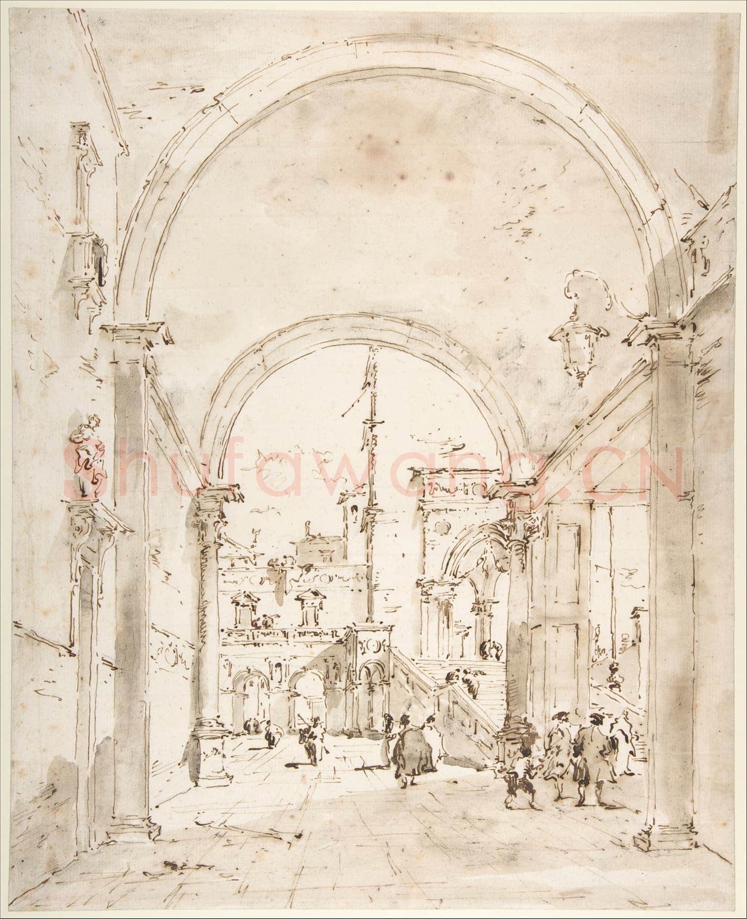 Francesco Guardi-Architectural Capriccio Grand Staircase Seen through an Archway.tif