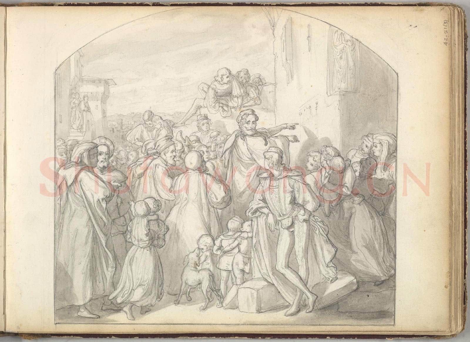 Frederic Leighton-An Artist Drawing on Wall of a Church Watched by a Crowd.tif