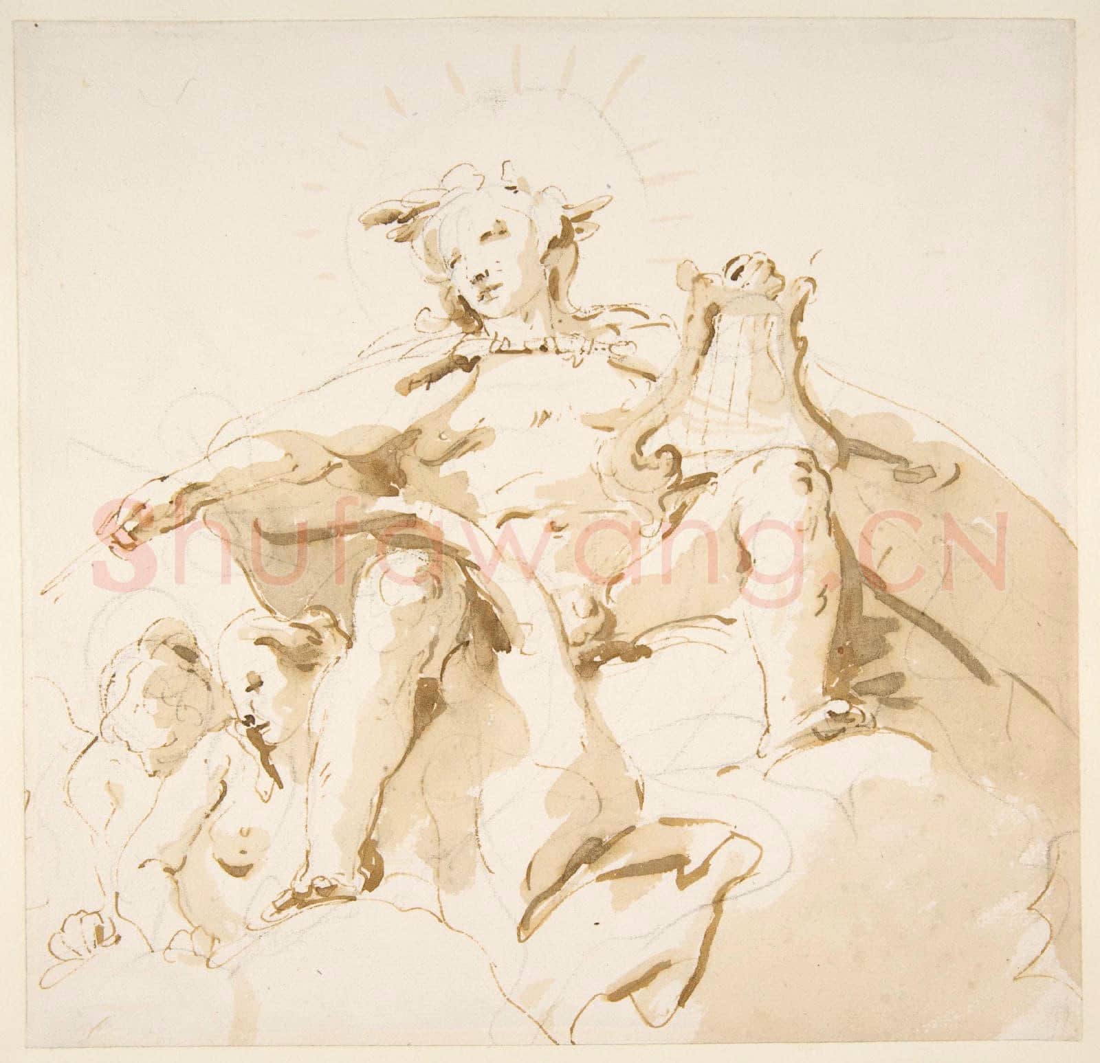 Giovanni Battista Tiepolo-Apollo Seated on Clouds, Two Figures at Left.tif
