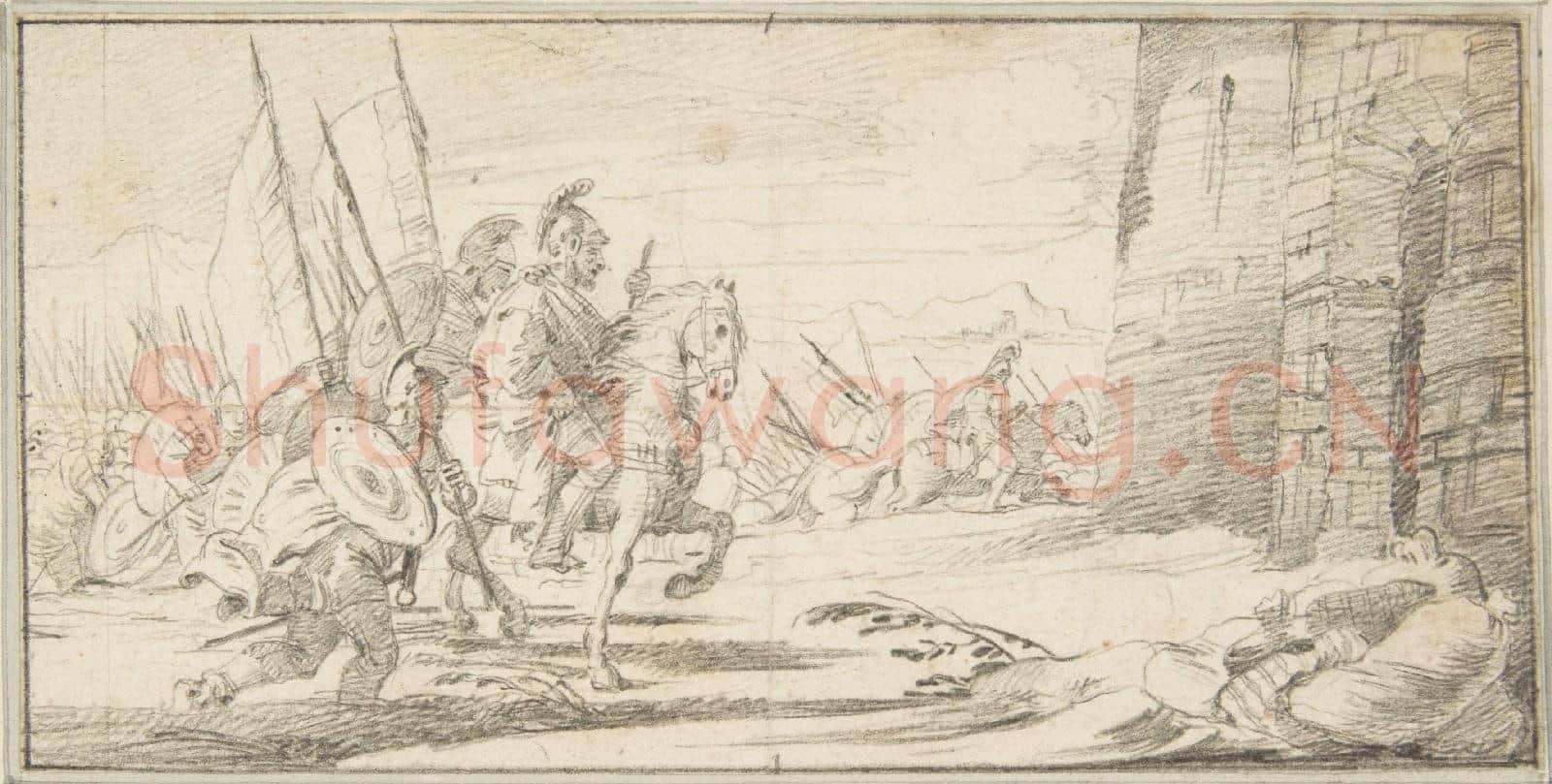 Giovanni Battista Tiepolo-Illustration for a Book Troops Advancing toward a City Gate.tif