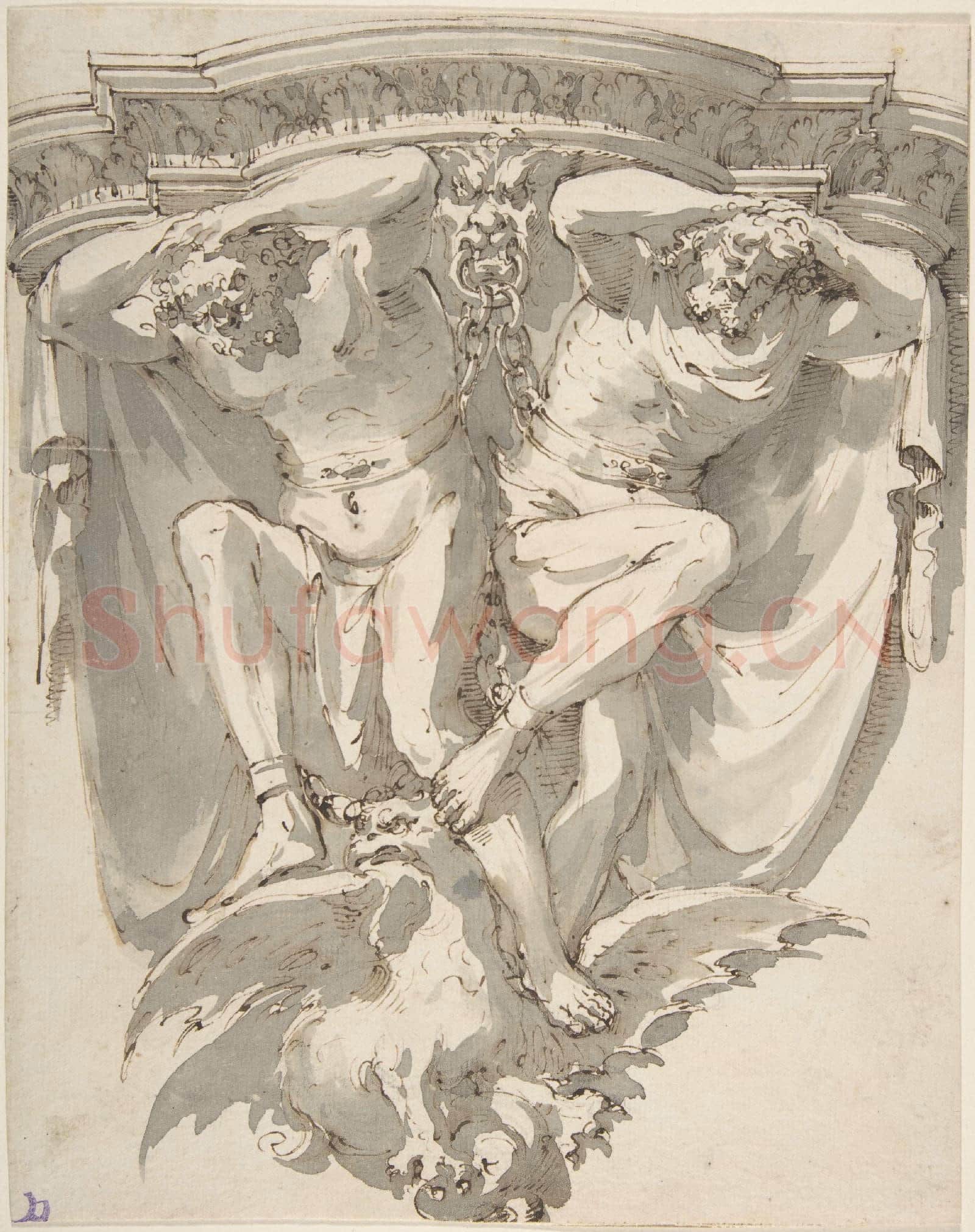 Giuseppe Bernardino Bison-Drawing of a Bracket with Two Telamones Chained up.tif
