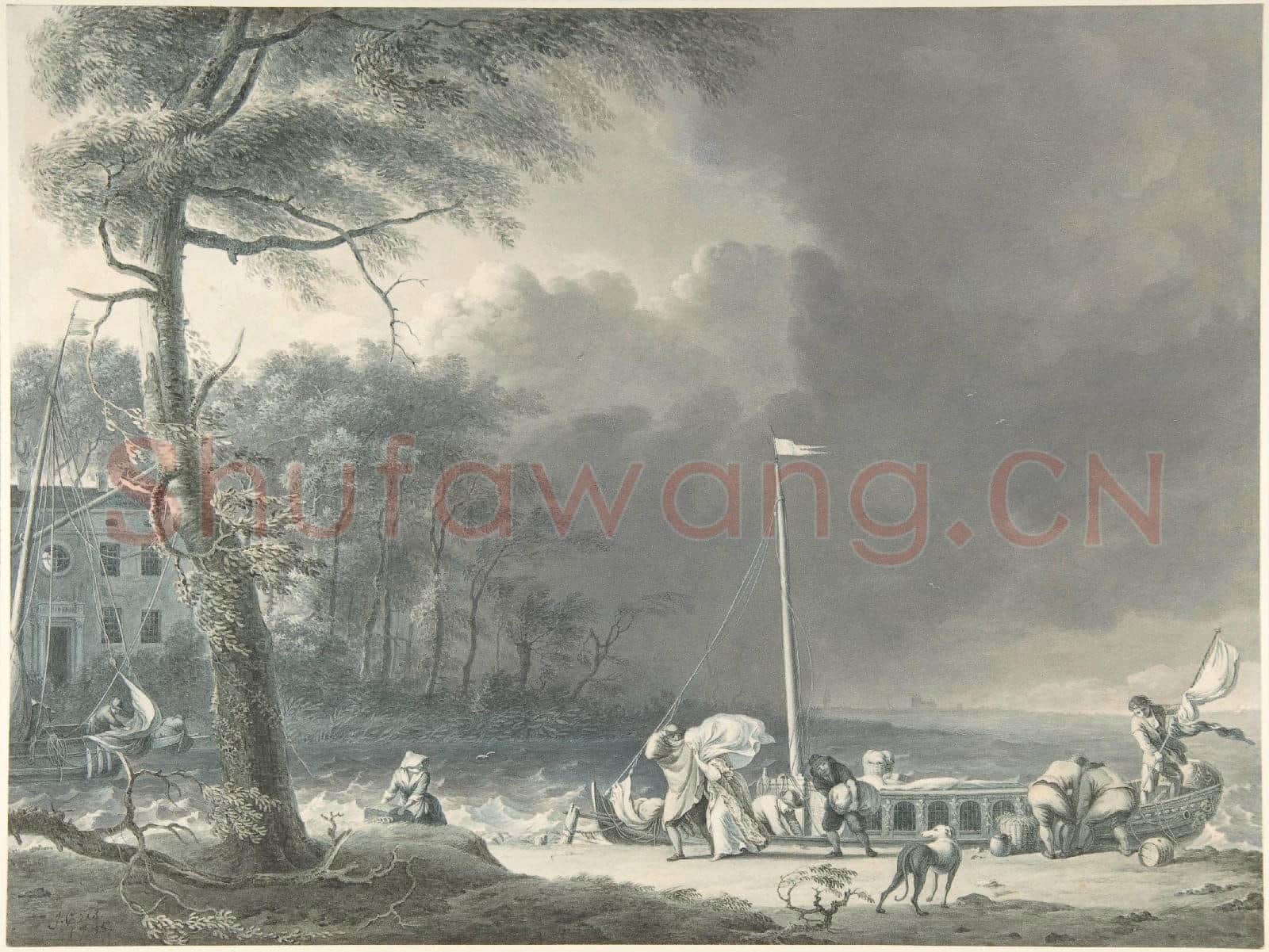 Jacob Cats-A Stormy Scene with Figures Unloading Boats.tif