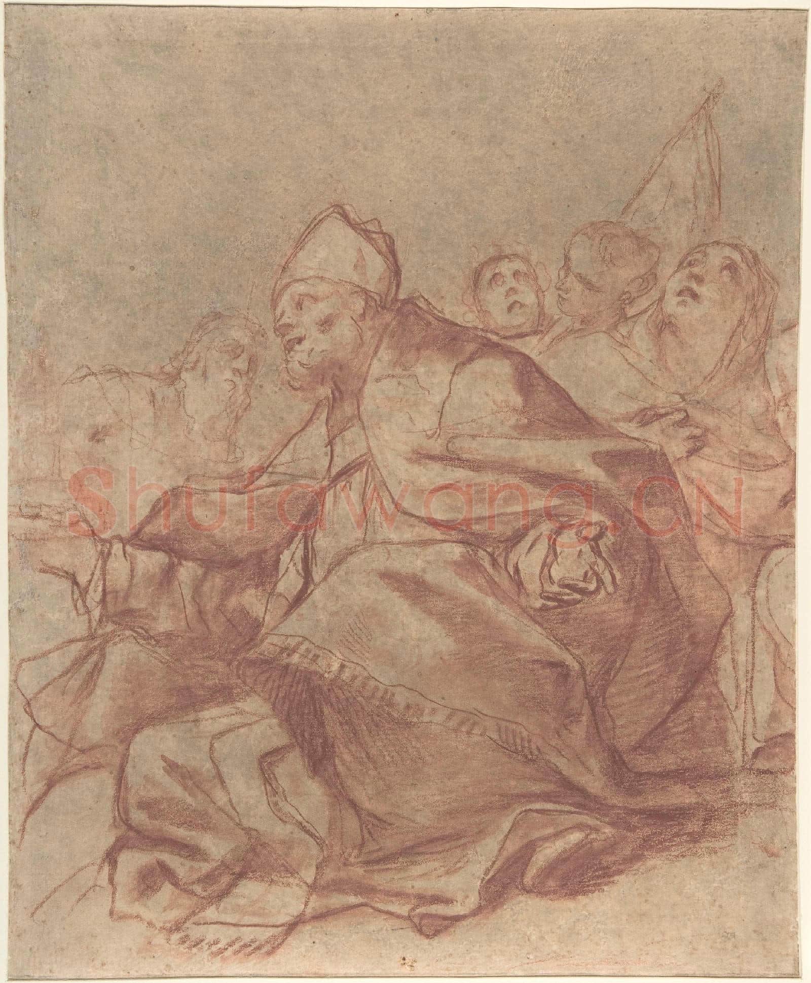 Mattia Preti-Seated Bishop with Arms Extended and Three Attendant Figures.tif