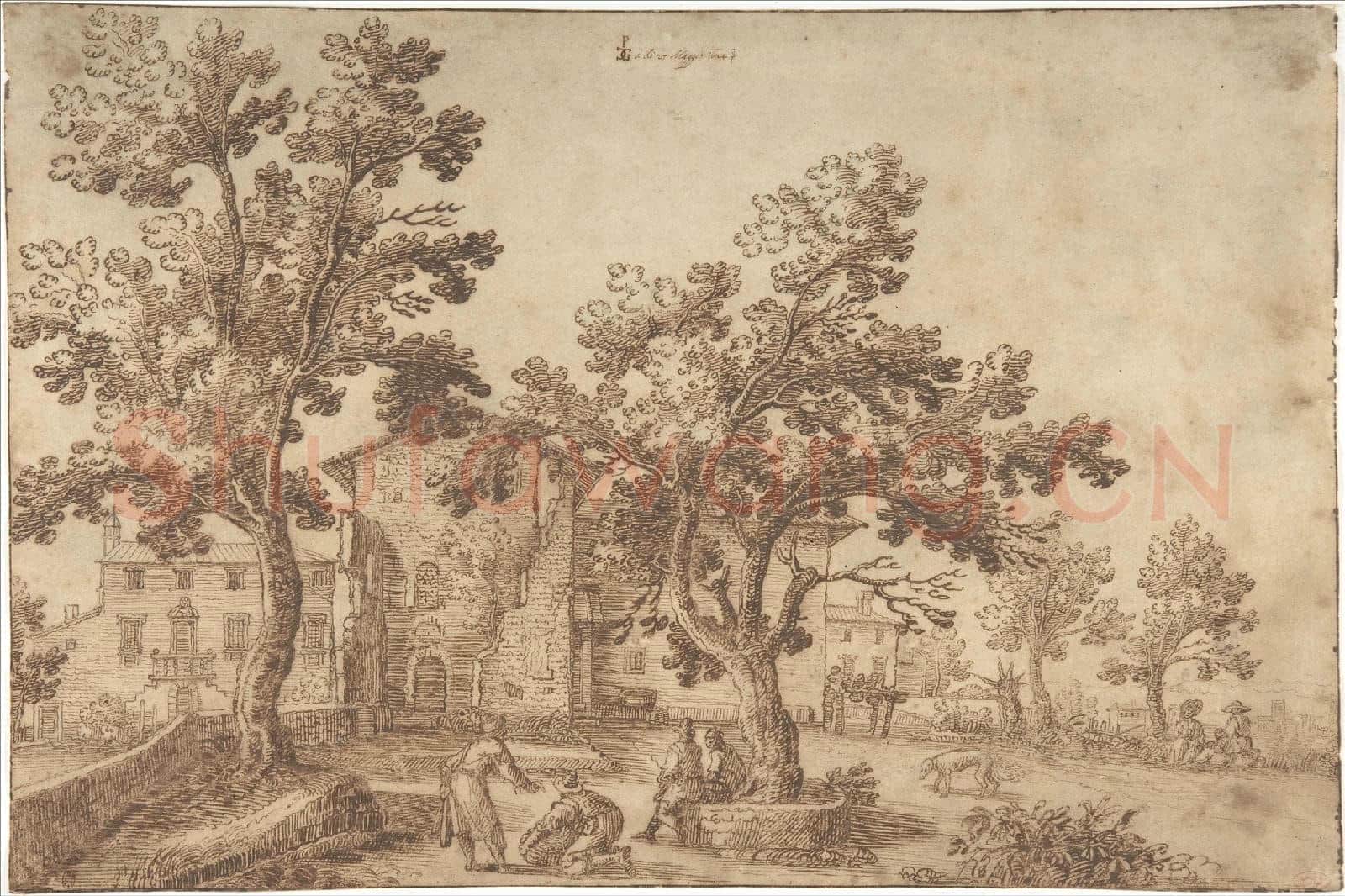 Remigio Cantagallina-A View of a Village with Figures.tif