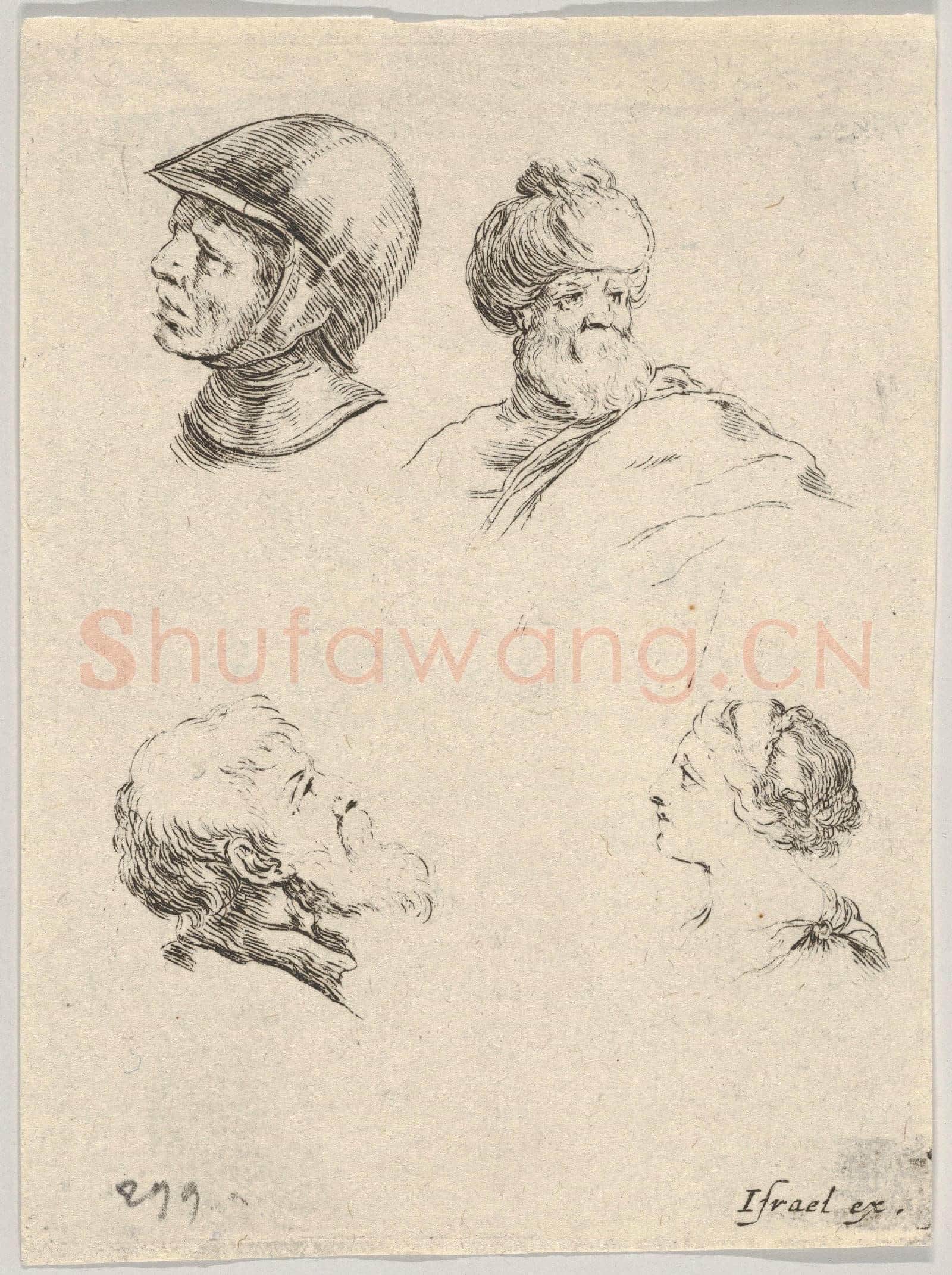 Stefano della Bella-Four Small Heads, from The Book for Learning to Draw.tif