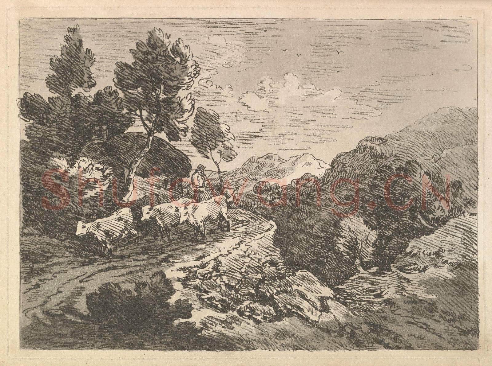 Thomas Rowlandson-Landscape with a Figure Herding Cattle Along.tif