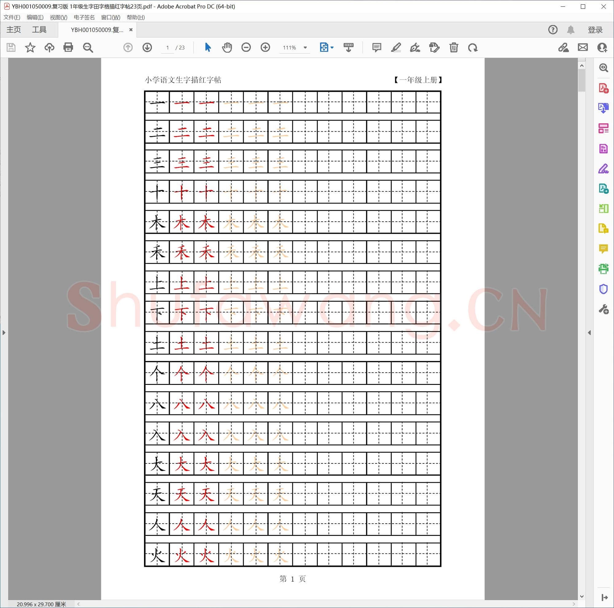 复习版 1年级生字田字格描红字帖23页