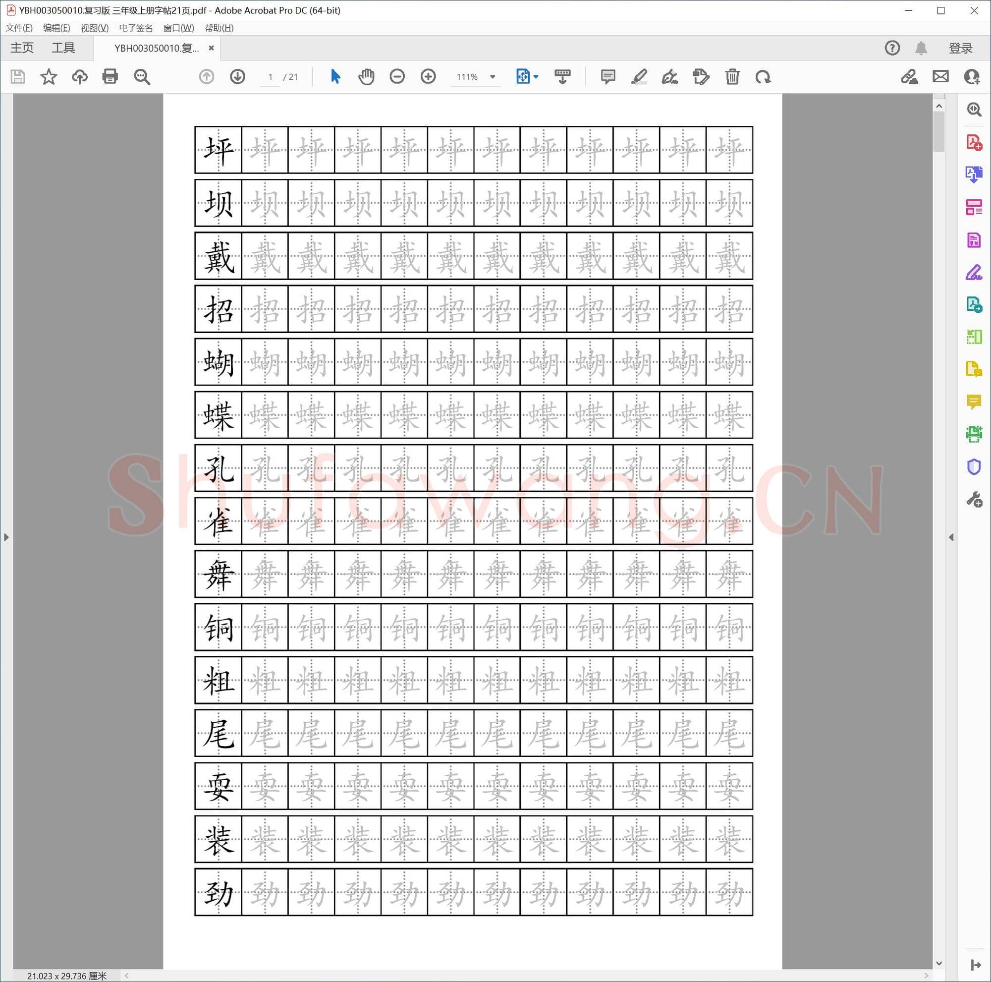 复习版 三年级上册字帖21页