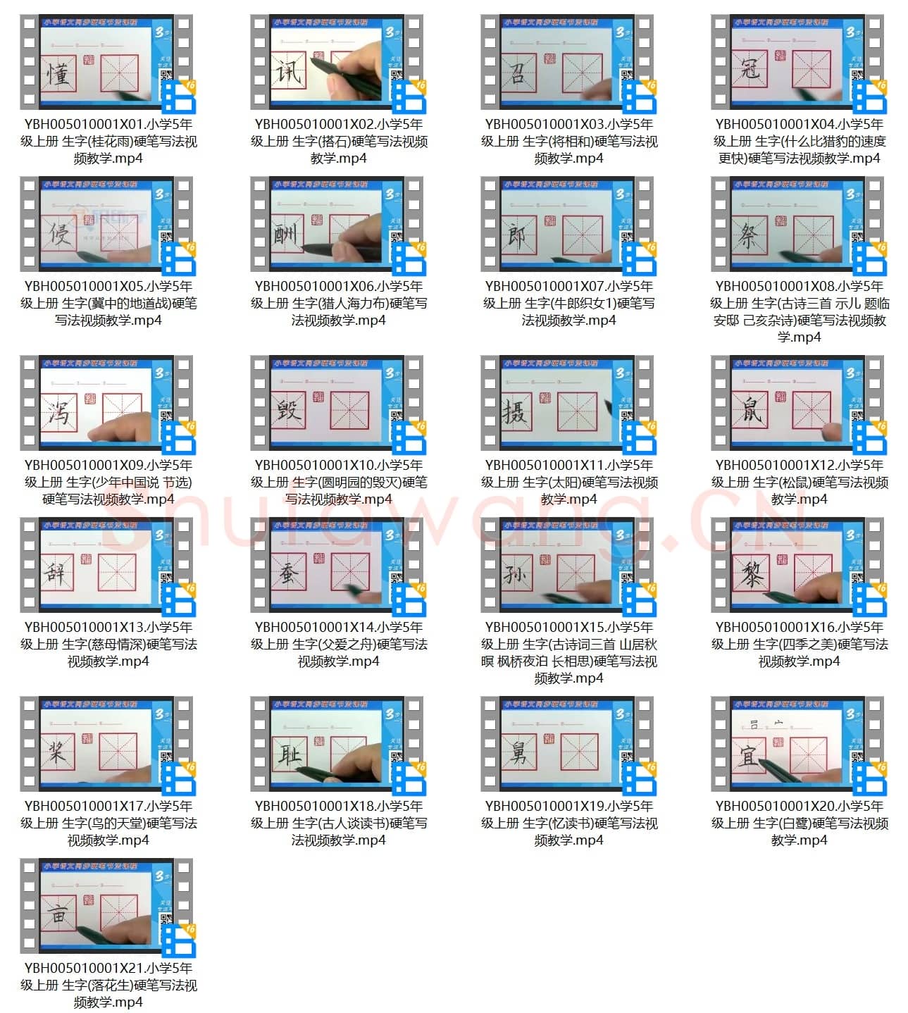小学5年级 上册 同步课堂 生字 硬笔书法教学视频合集 共21集