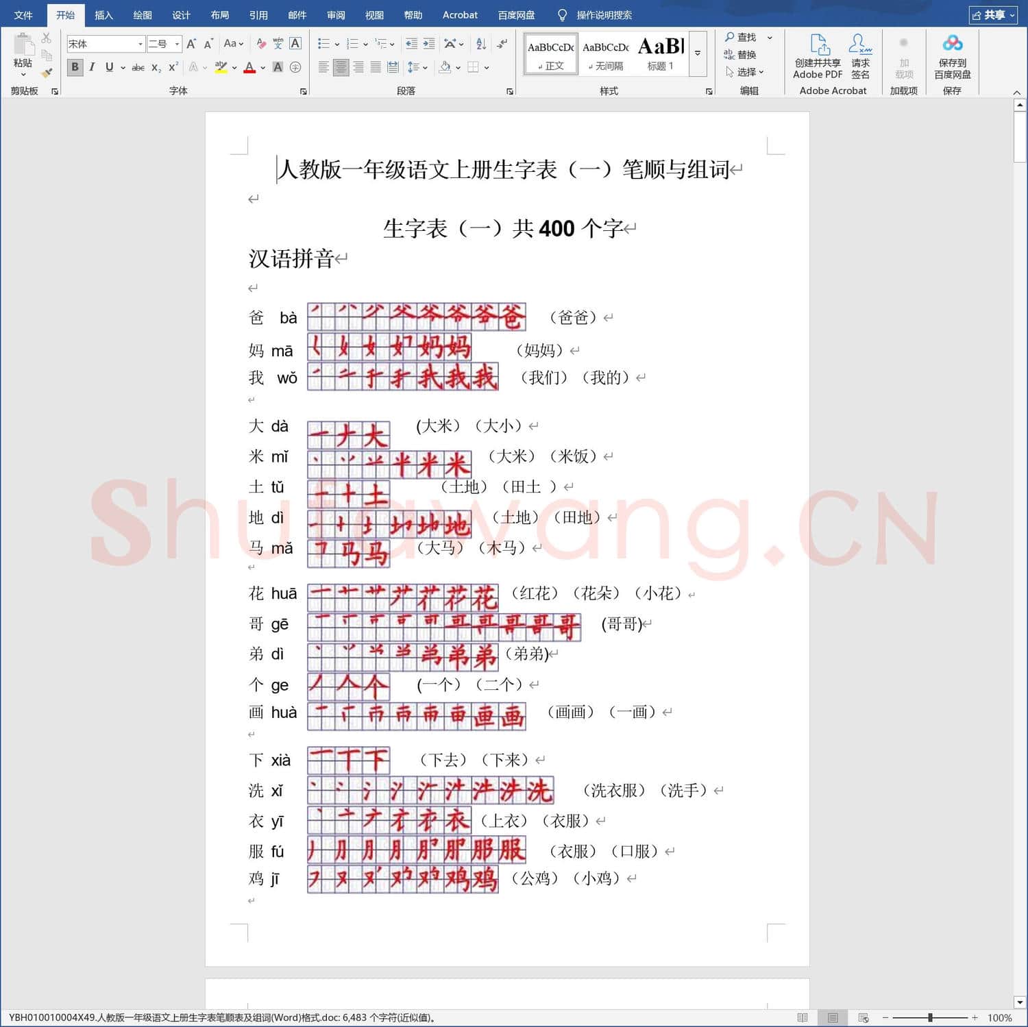 人教版一年级语文上册生字表笔顺表及组词Word格式