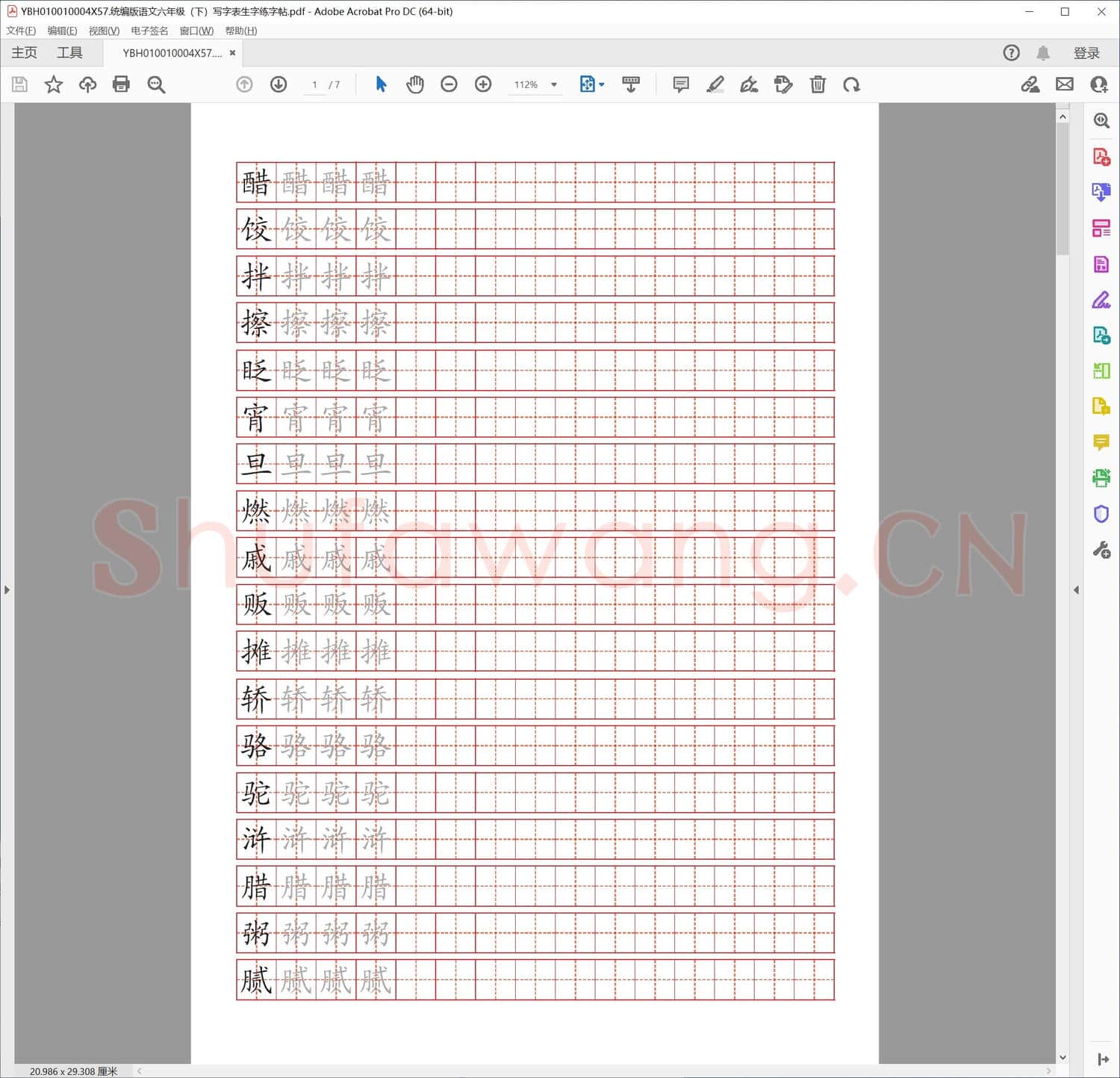 统编版语文六年级下写字表生字练字帖