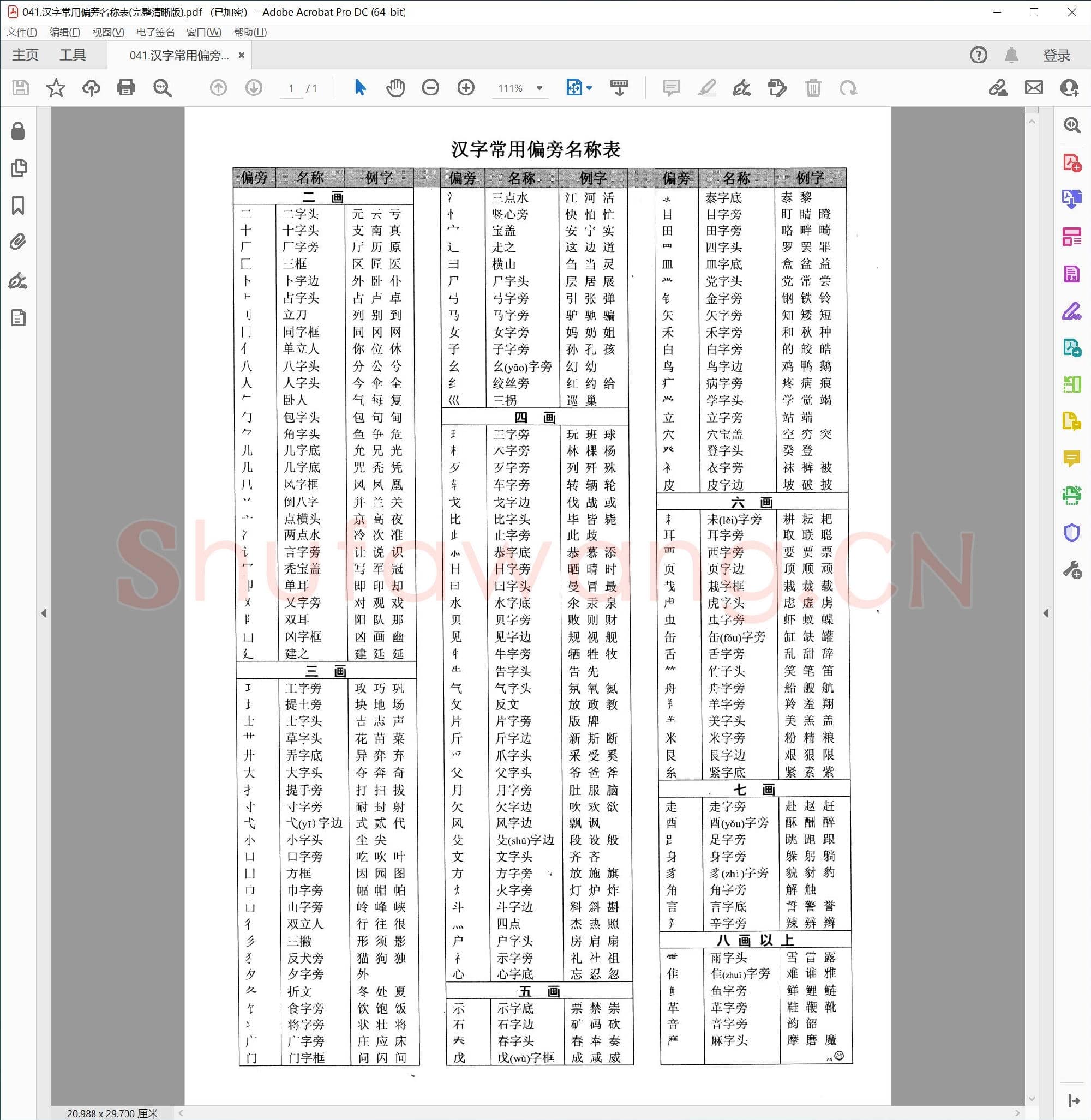 汉字常用偏旁名称表(完整清晰版)