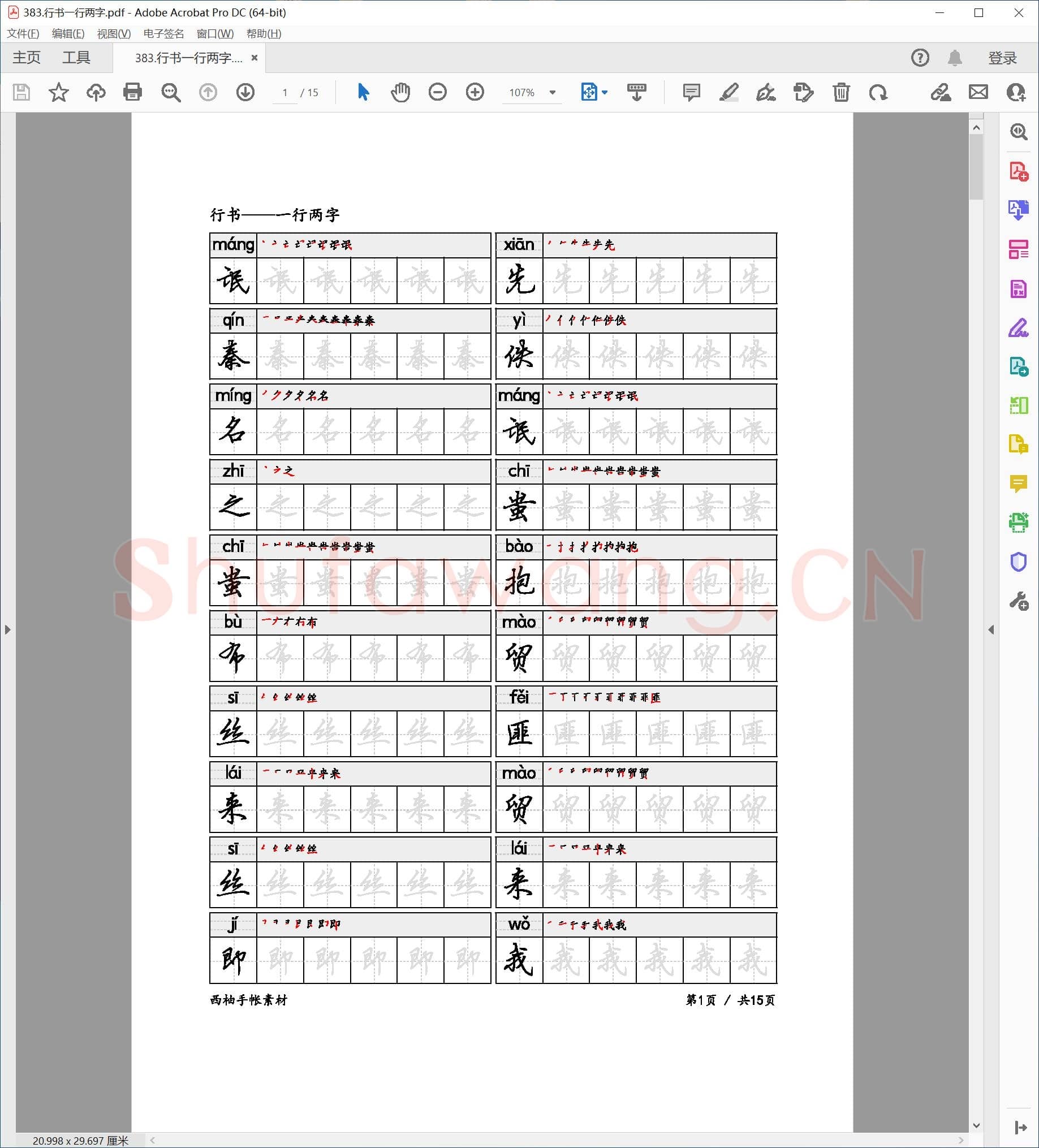 佚名 硬笔行书 一行两字