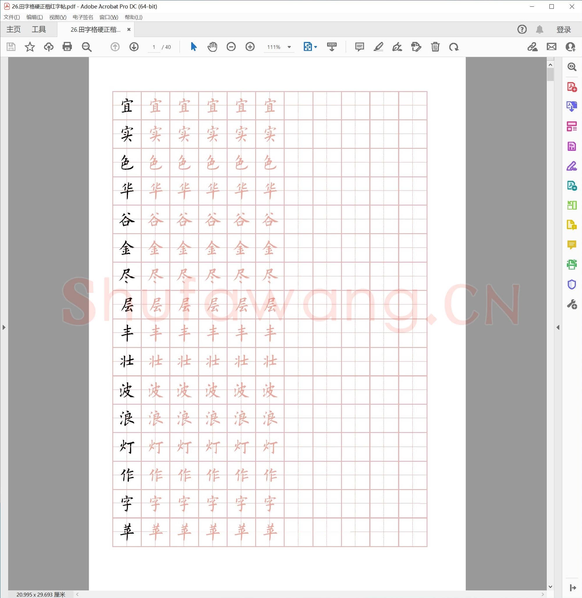 田字格硬笔正楷红字帖