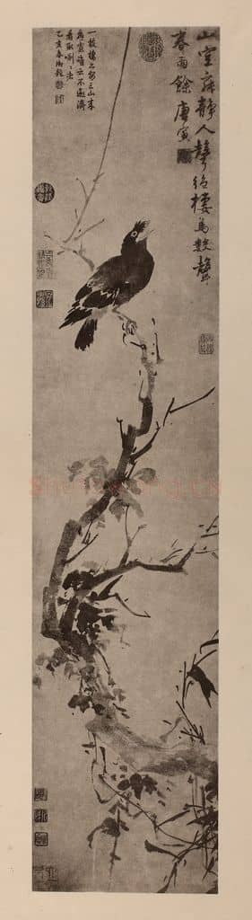 明 唐寅《古木栖鸟图轴》国画作品