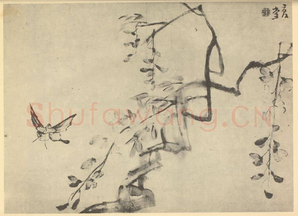 清 李鳝《画藤花蝴蝶》国画作品