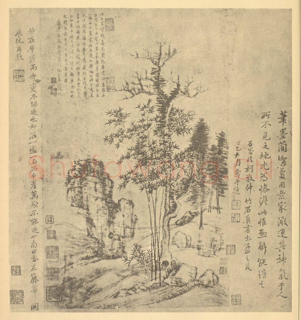 清 王翚《临柯敬仲竹石图》国画作品