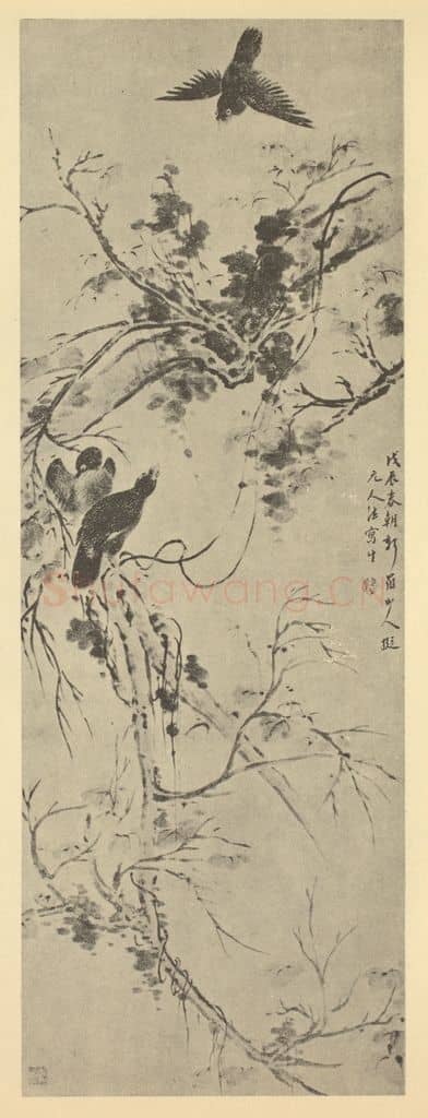 清 华岩《鸜鹆图》国画作品