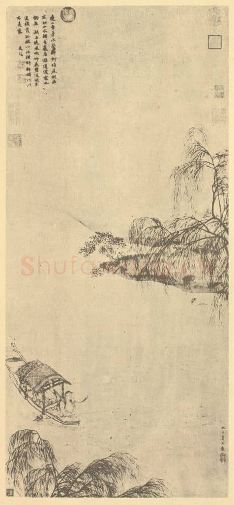 明 仇英《柳塘渔艇图》国画作品