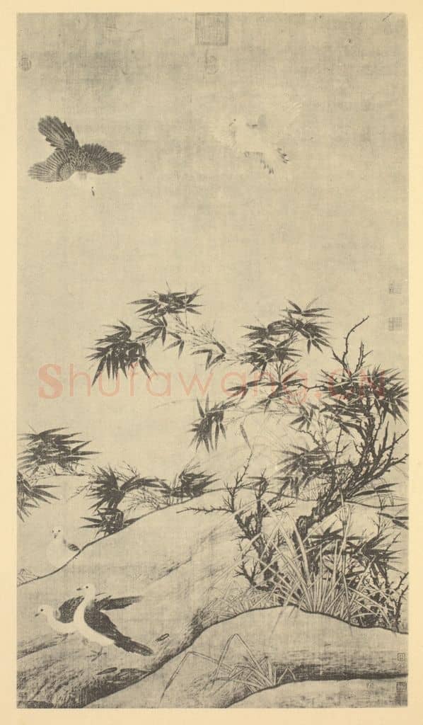 宋·辽 宋人《竹石鸽子芦》国画作品